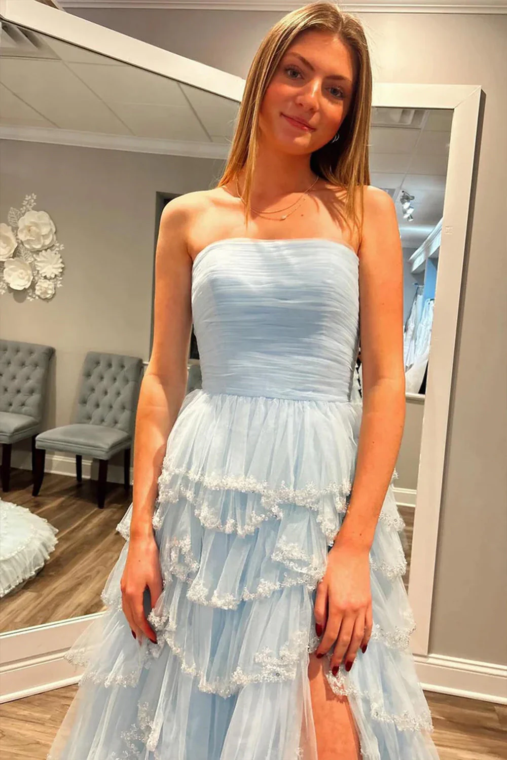 A Line Strapless Glitter Tulle Prom Dress with Layered Ruffle Skirt and Sequin Trim - Image 2