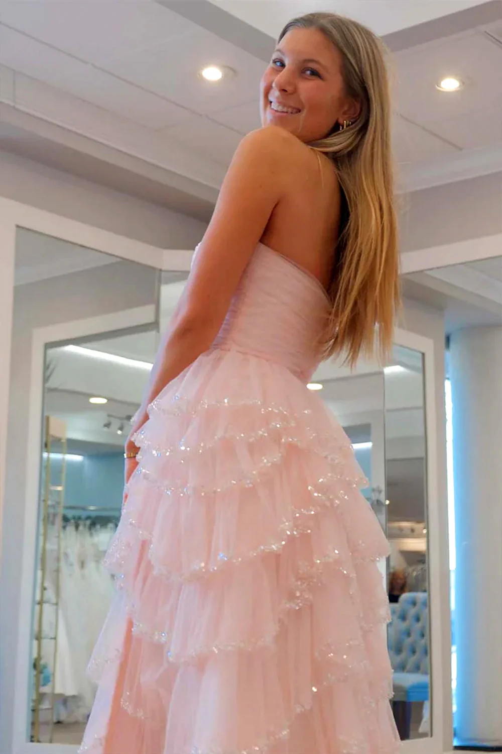A Line Strapless Glitter Tulle Prom Dress with Layered Ruffle Skirt and Sequin Trim - Image 7