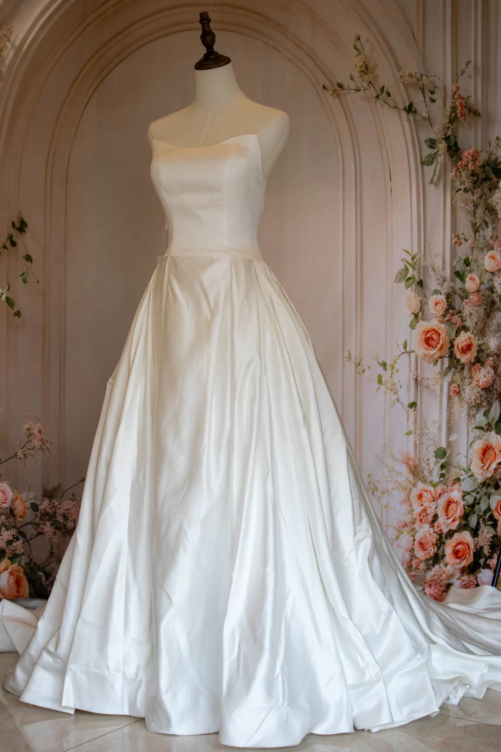 A-Line Strapless Lace Up Back Chapel Train White Satin Wedding Dress - Image 3