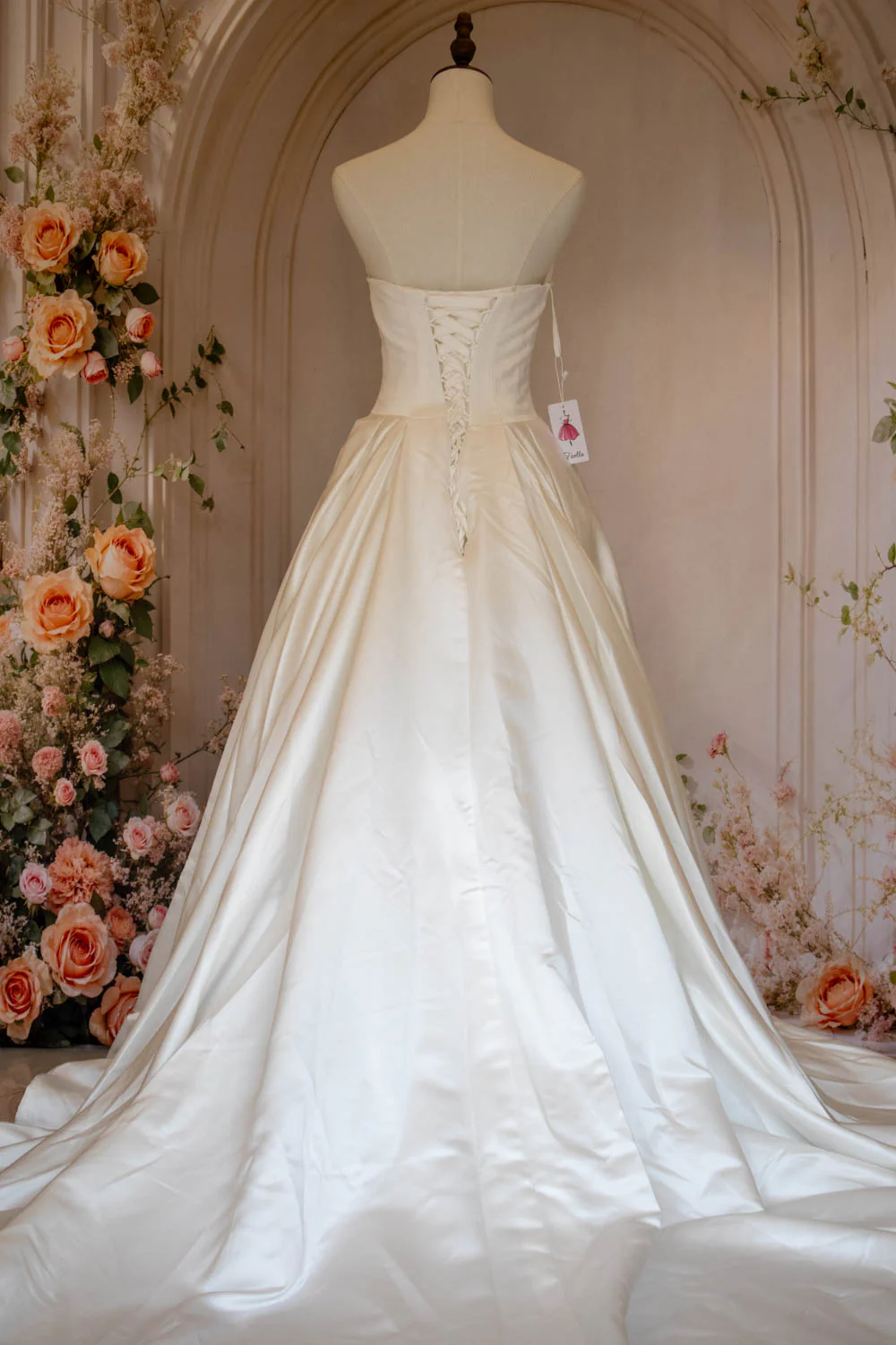 A-Line Strapless Lace Up Back Chapel Train White Satin Wedding Dress - Image 4