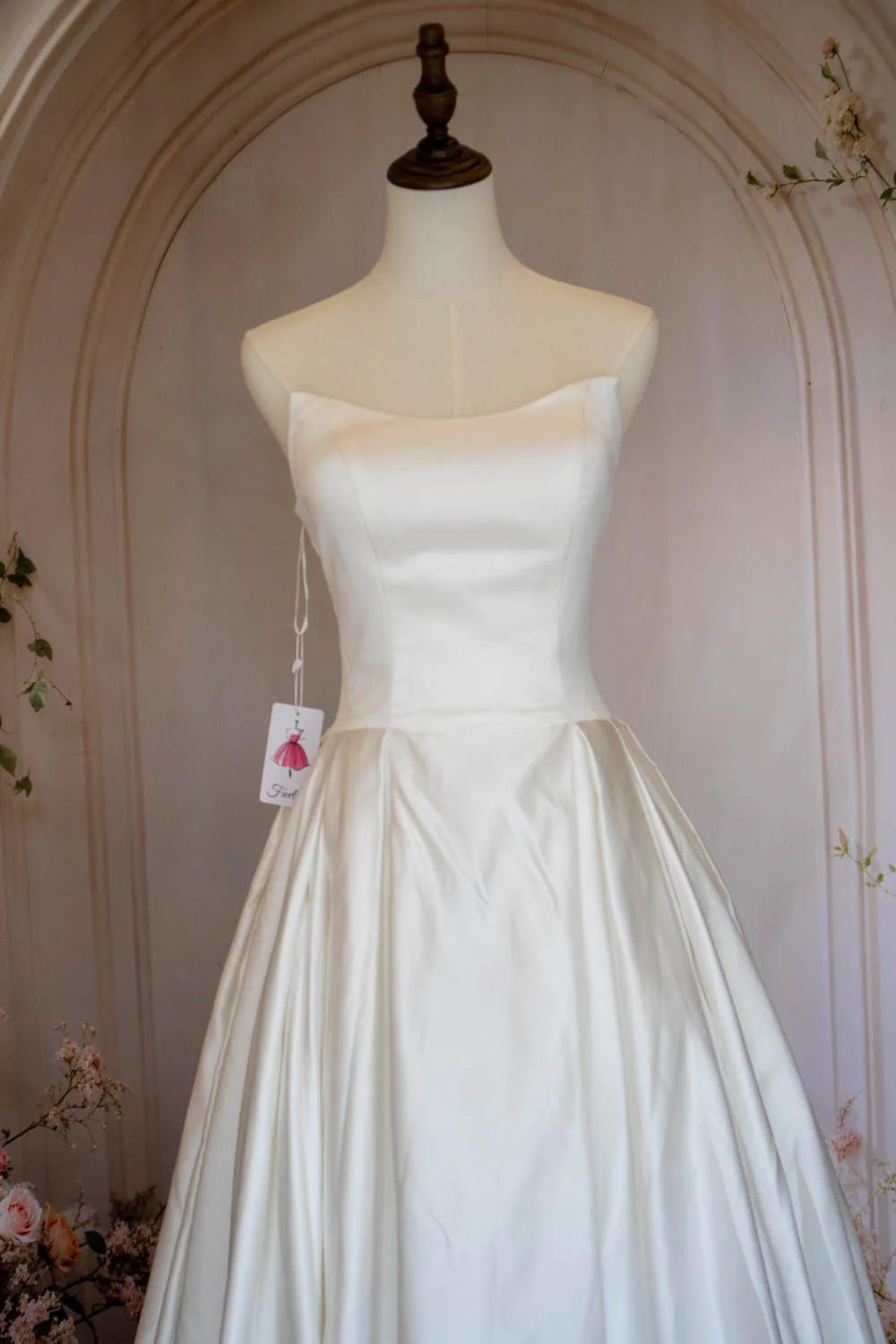 A-Line Strapless Lace Up Back Chapel Train White Satin Wedding Dress - Image 5