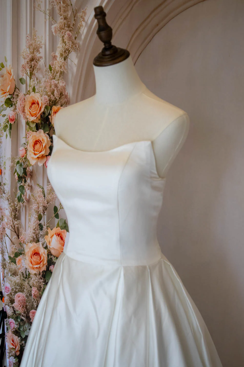A-Line Strapless Lace Up Back Chapel Train White Satin Wedding Dress - Image 6