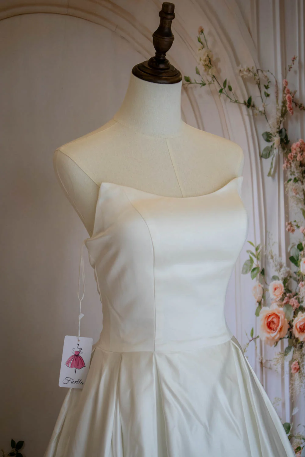 A-Line Strapless Lace Up Back Chapel Train White Satin Wedding Dress - Image 7
