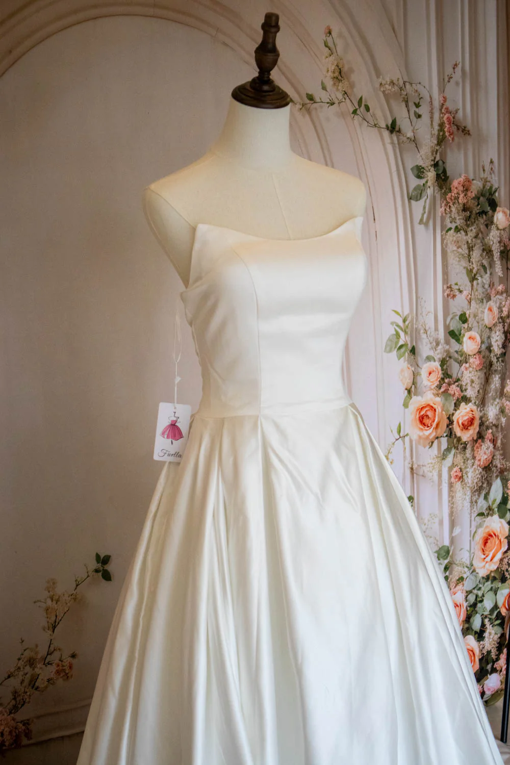 A-Line Strapless Lace Up Back Chapel Train White Satin Wedding Dress - Image 8