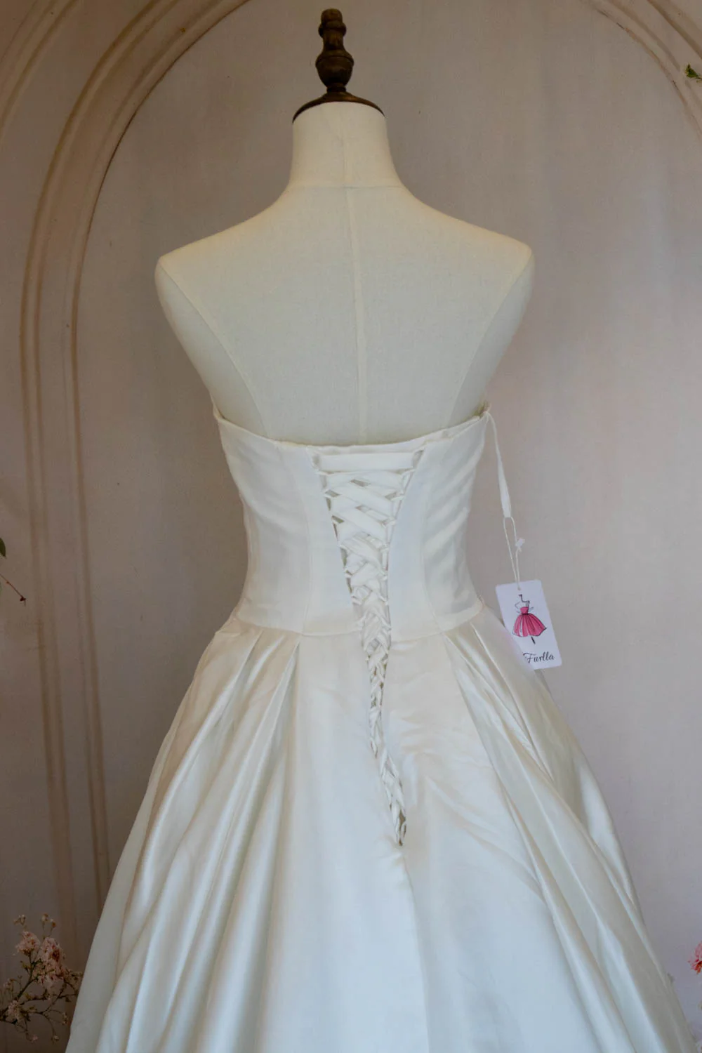 A-Line Strapless Lace Up Back Chapel Train White Satin Wedding Dress - Image 9