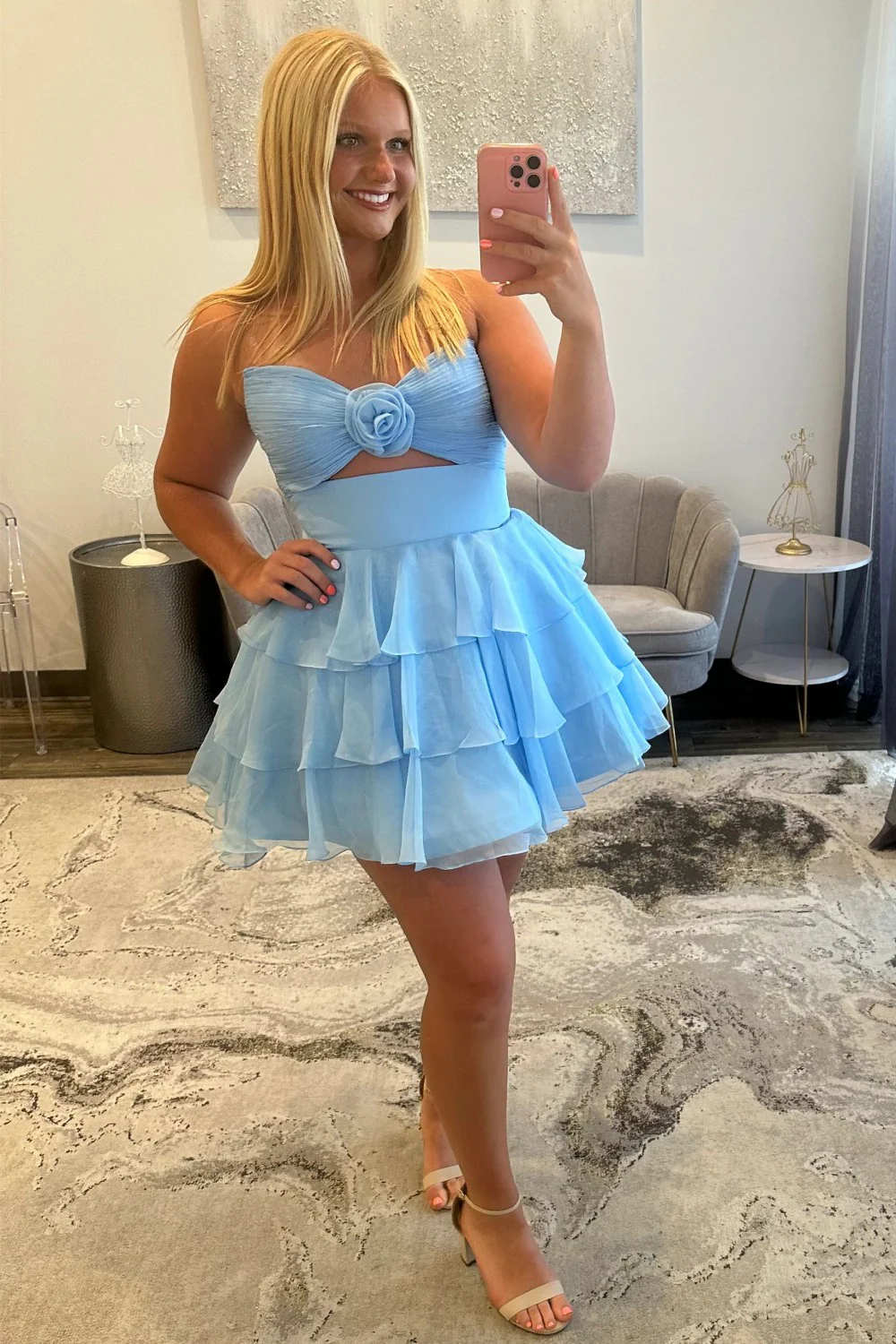 Adorable A-Line Strapless Short Layered Chiffon Homecoming Dress with 3D Flower - Image 7
