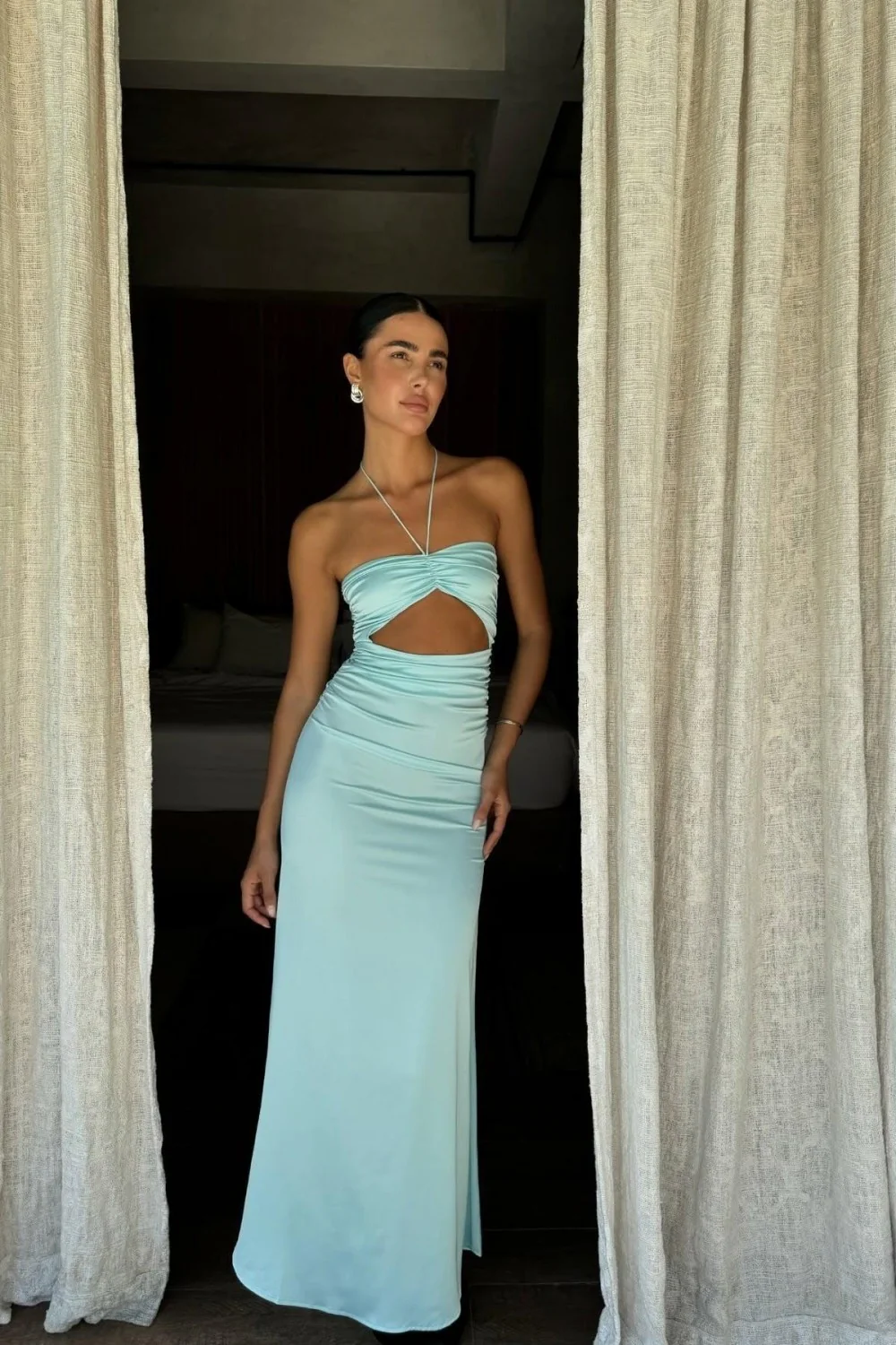 Aqua Blue Bodycon Prom Dress Strapless Design with Waist Cutout - Image 4
