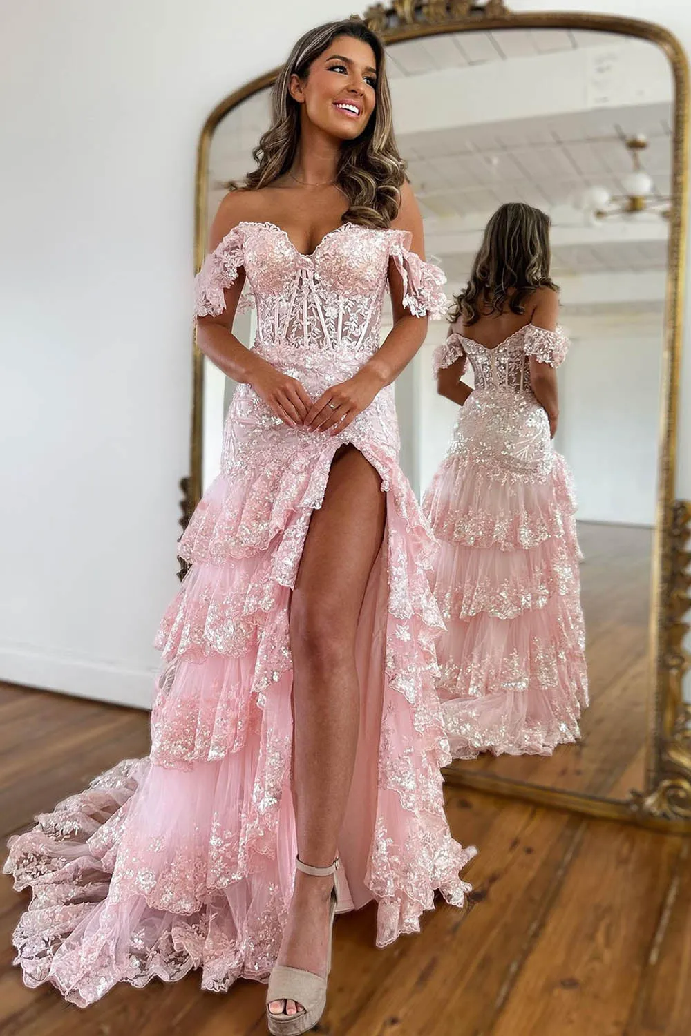 Beautiful Mermaid Off The Shoulder Navy Sequins Long Prom Dress with Appliques - Image 5