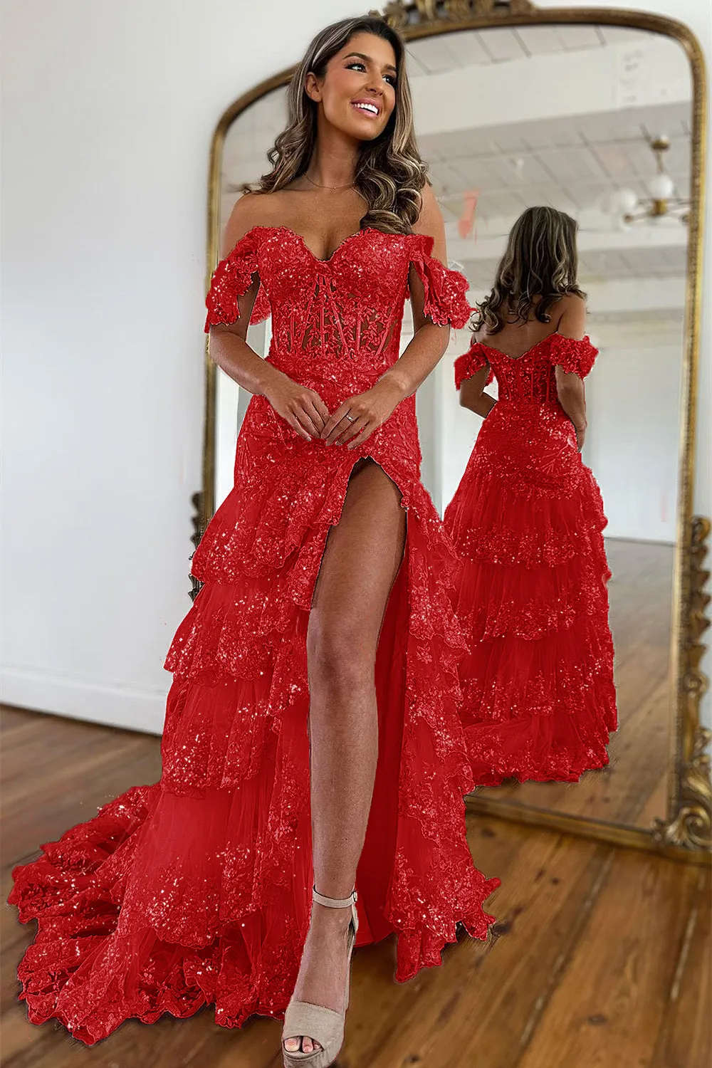 Beautiful Mermaid Off The Shoulder Navy Sequins Long Prom Dress with Appliques - Image 6