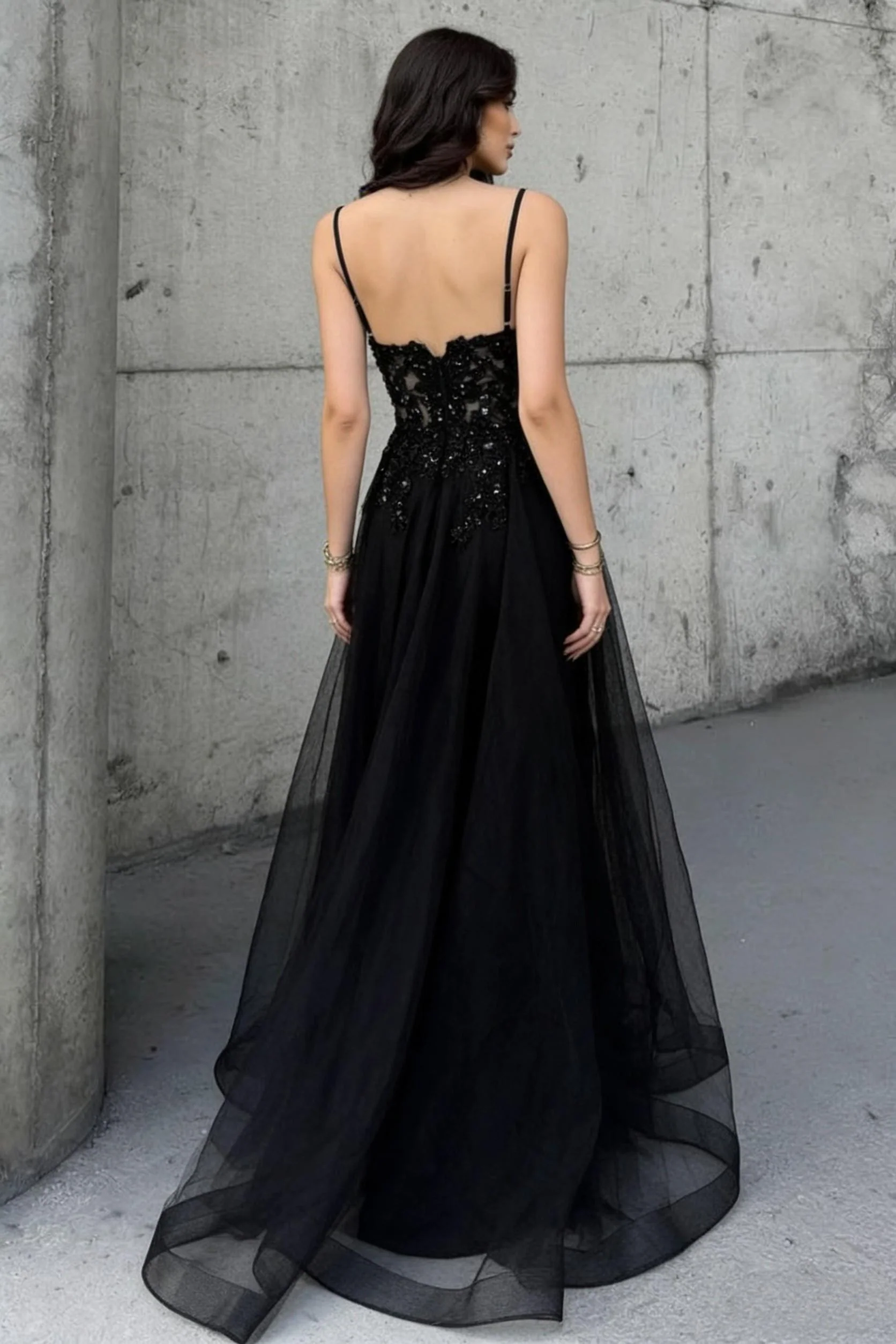 Black Beaded Spaghetti Straps A-Line Prom Dress with Sheer Bodice - Image 2
