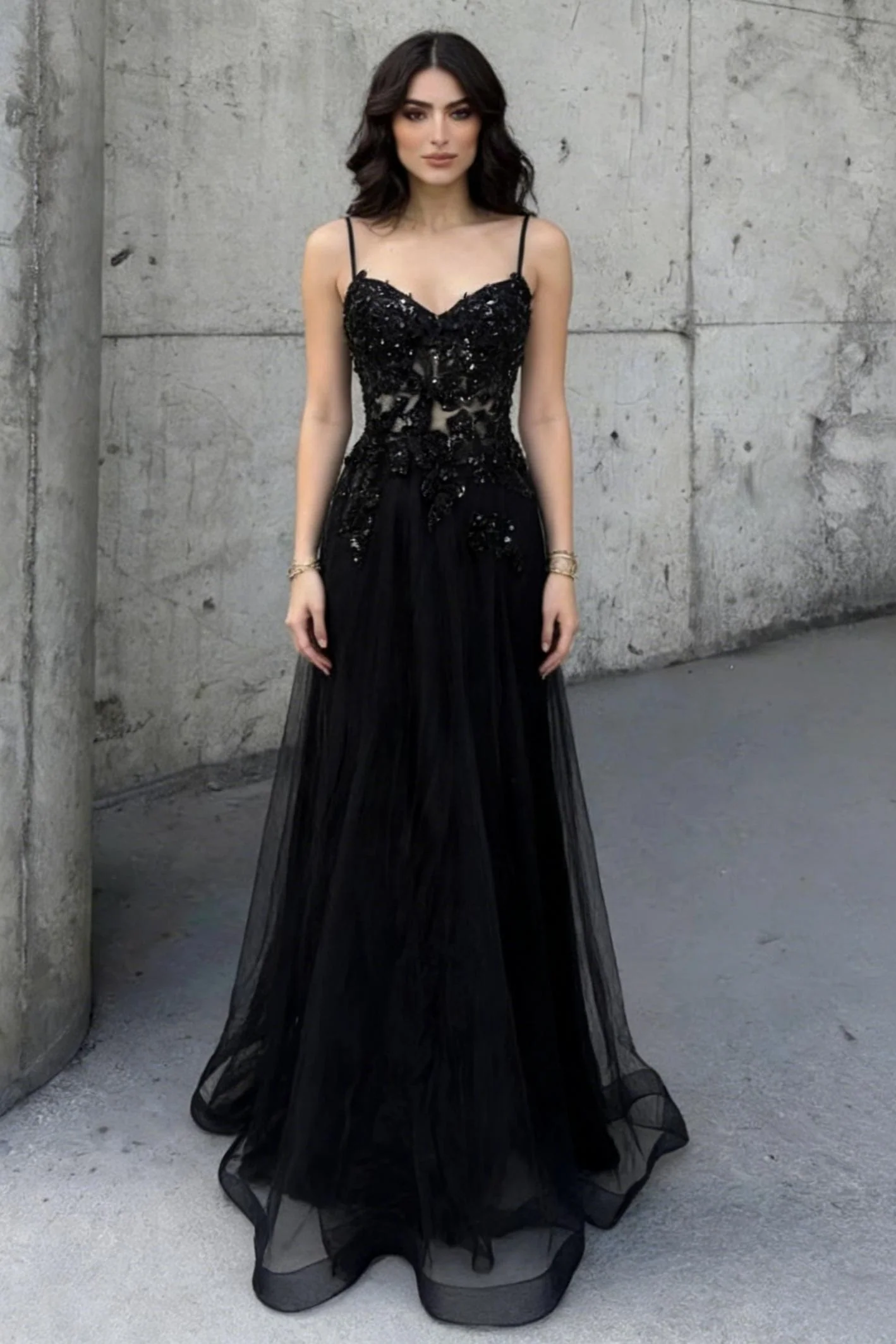 Black Beaded Spaghetti Straps A-Line Prom Dress with Sheer Bodice - Image 3