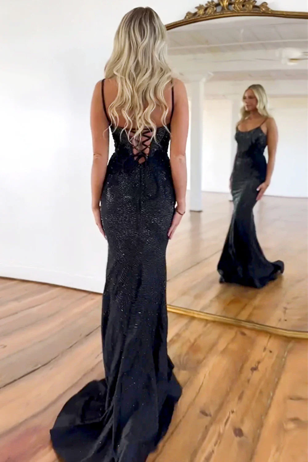 Black Glitter Beaded Mermaid Prom Dress with Spaghetti Straps and Lace-Up Back - Image 4