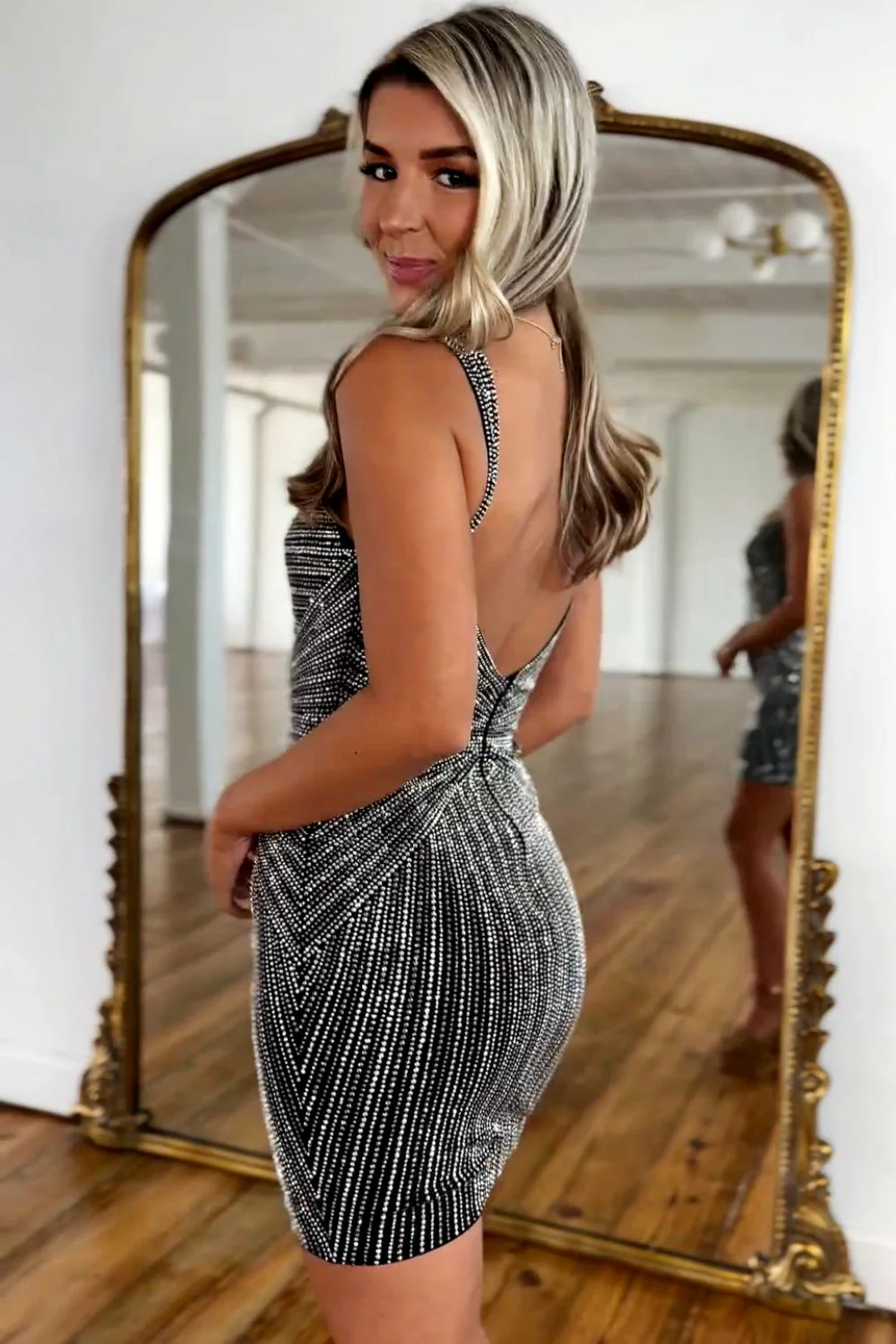 Black Glitter Bodycon Homecoming Dress with Beaded Straps and Short Fitted Silhouette - Image 2
