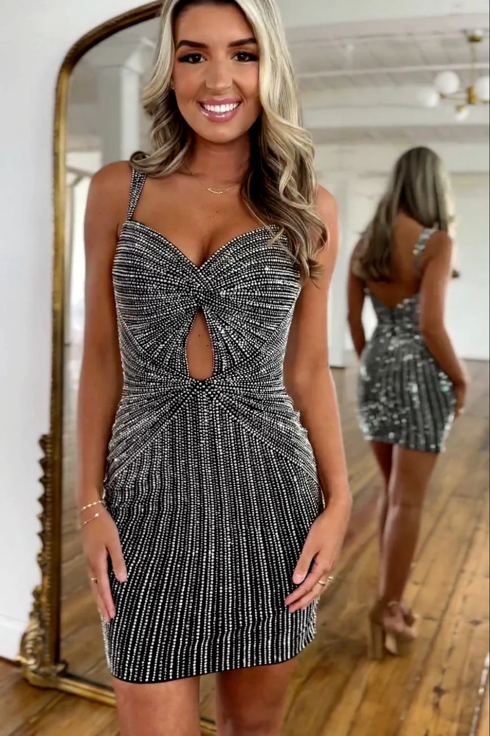 Black Glitter Bodycon Homecoming Dress with Beaded Straps and Short Fitted Silhouette - Image 3