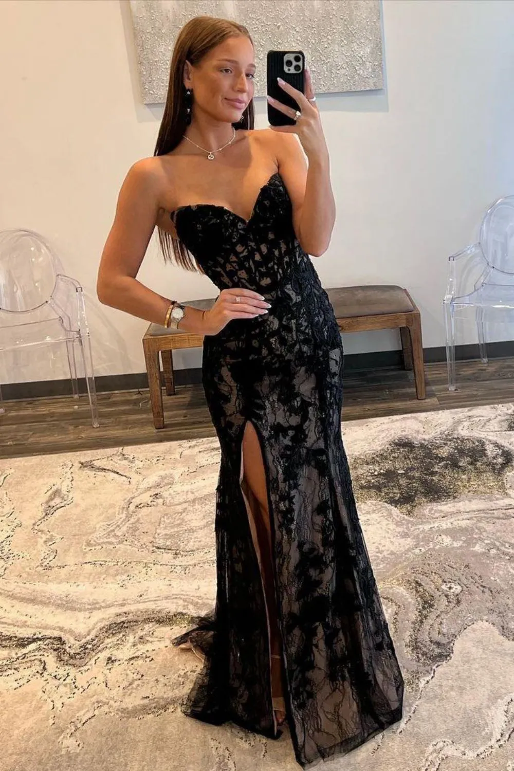 Black Mermaid Prom Gown with Lace-Up Corset Back Strapless Neckline and Sweep Train - Image 5