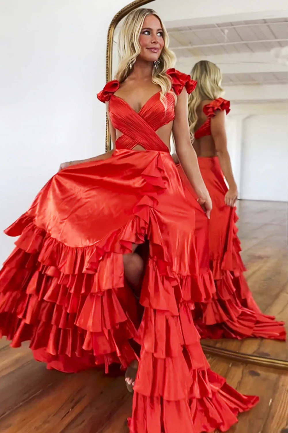 Black Ruffled Tiered Satin A-Line Prom Dress with Cutout Waist & V-Neck - Image 3