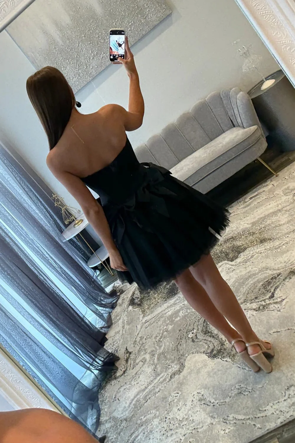 Black Strapless Corset Homecoming Dress with Tulle Skirt and Statement Bows - Image 3