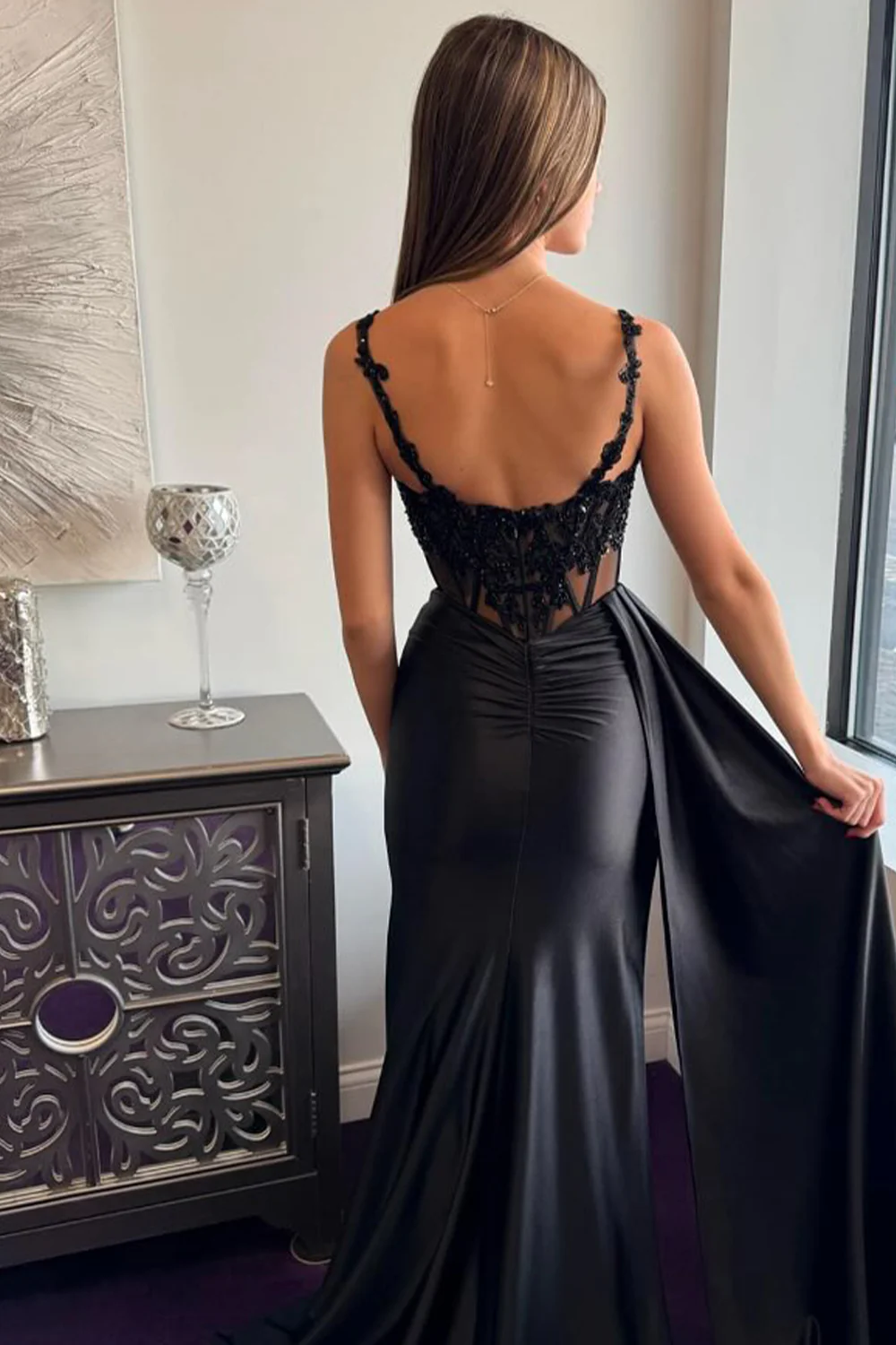 Black Strappy Sequin Lace Prom Dress with High Slit - Image 2