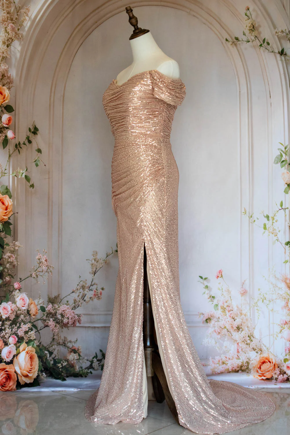 Bling Mermaid Off the Shoulder Champagne Sequins Long Prom Dress with Split Front - Image 3