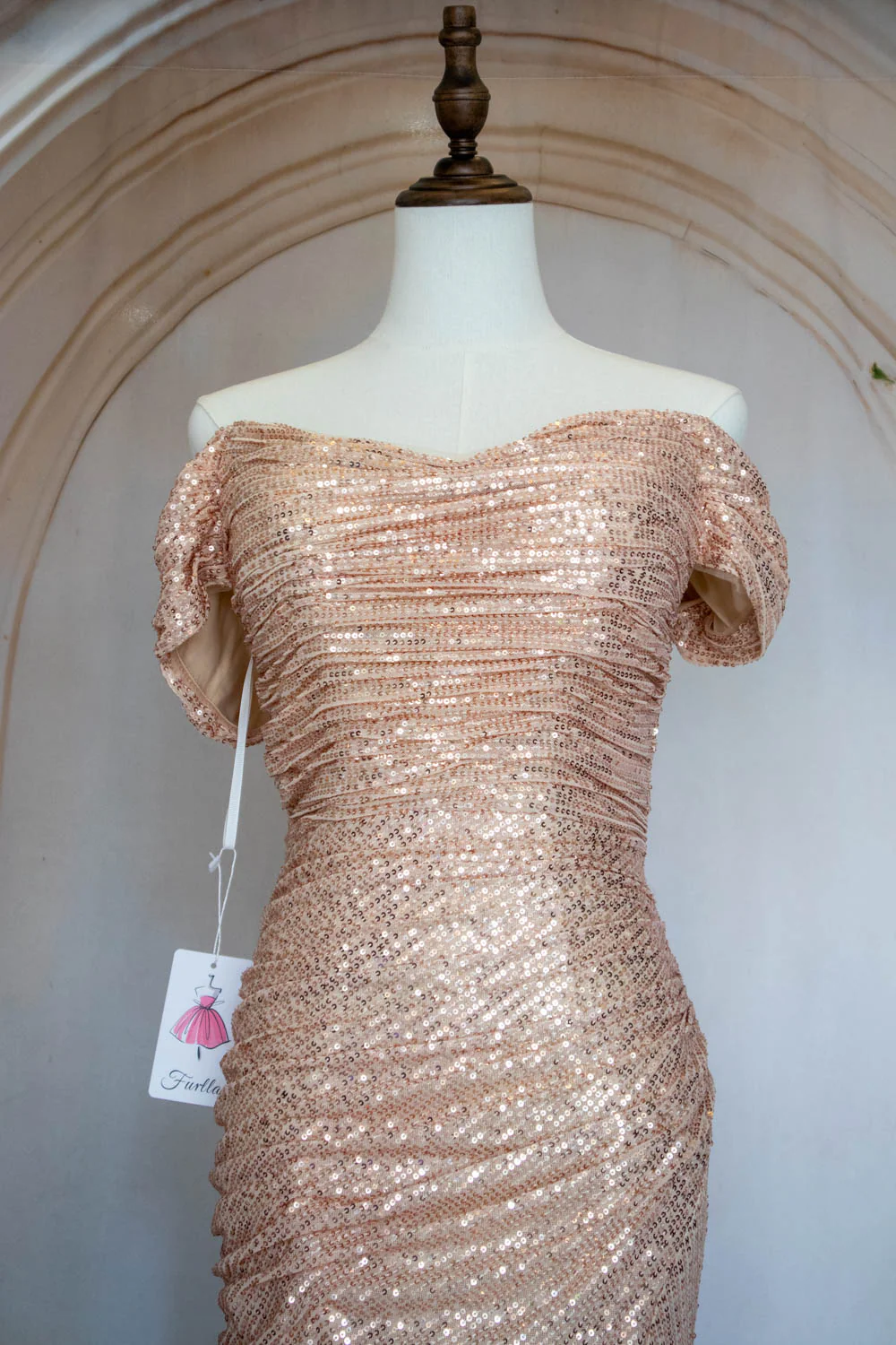Bling Mermaid Off the Shoulder Champagne Sequins Long Prom Dress with Split Front - Image 4