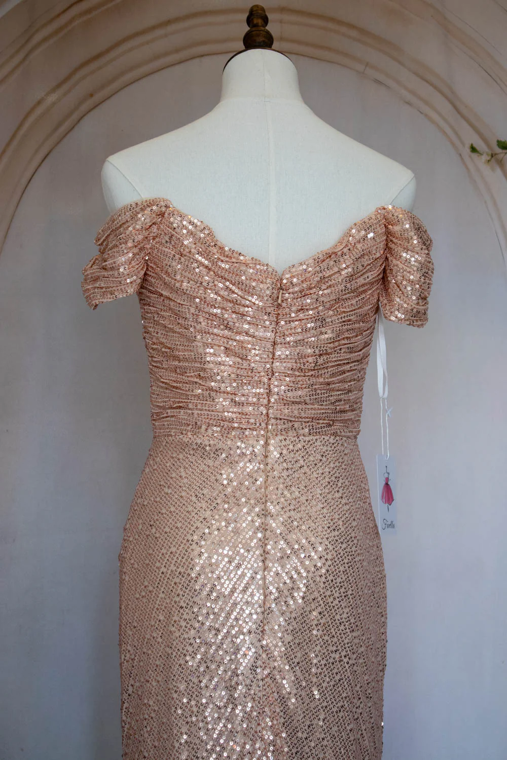 Bling Mermaid Off the Shoulder Champagne Sequins Long Prom Dress with Split Front - Image 5