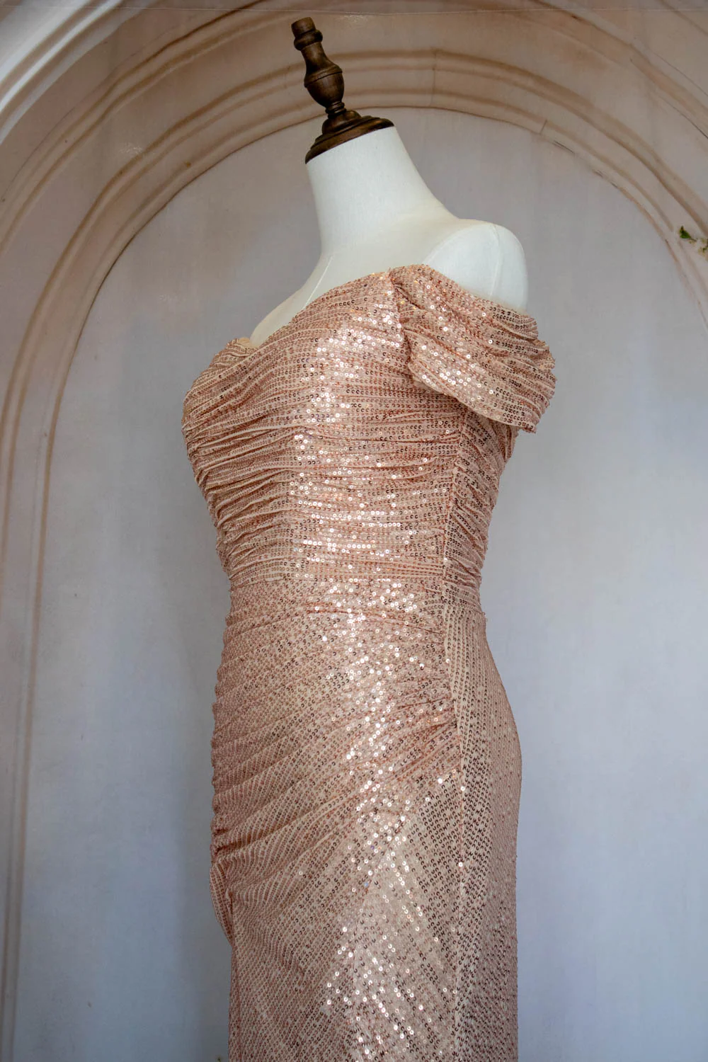 Bling Mermaid Off the Shoulder Champagne Sequins Long Prom Dress with Split Front - Image 6