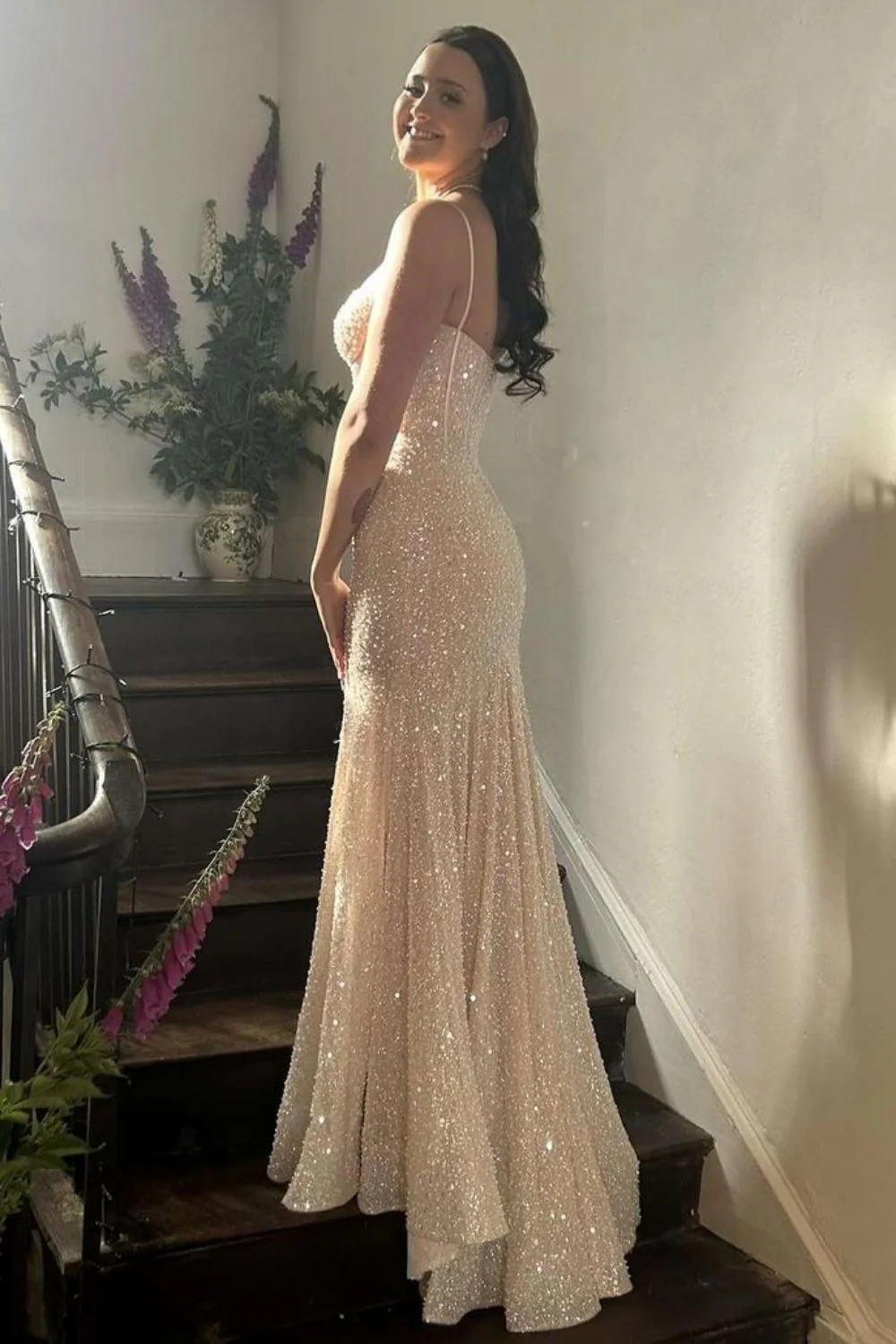 Bling Mermaid Spaghetti Straps Light Blue Sequins Long Prom Dress - Image 11