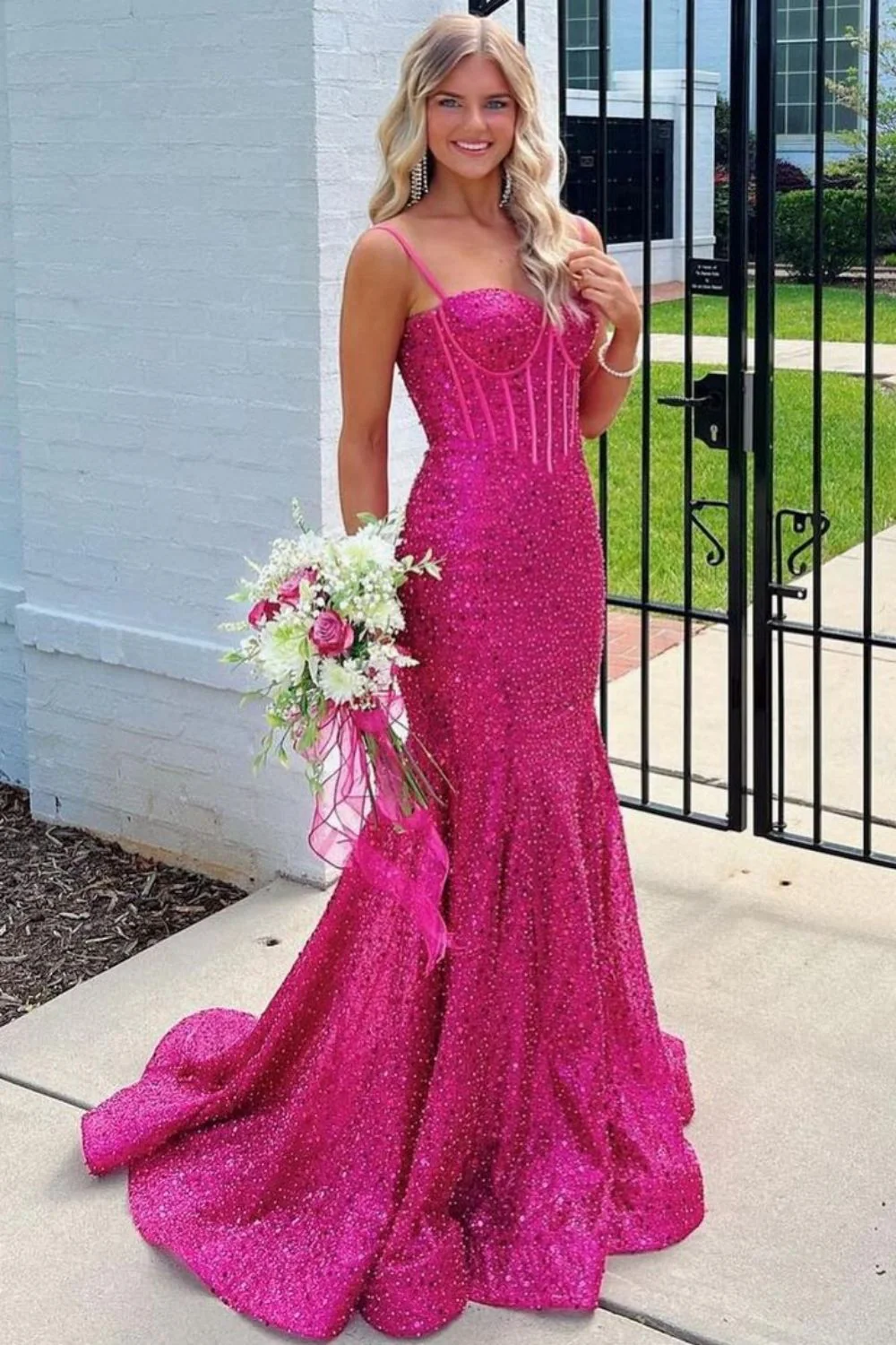 Bling Mermaid Spaghetti Straps Light Blue Sequins Long Prom Dress - Image 14