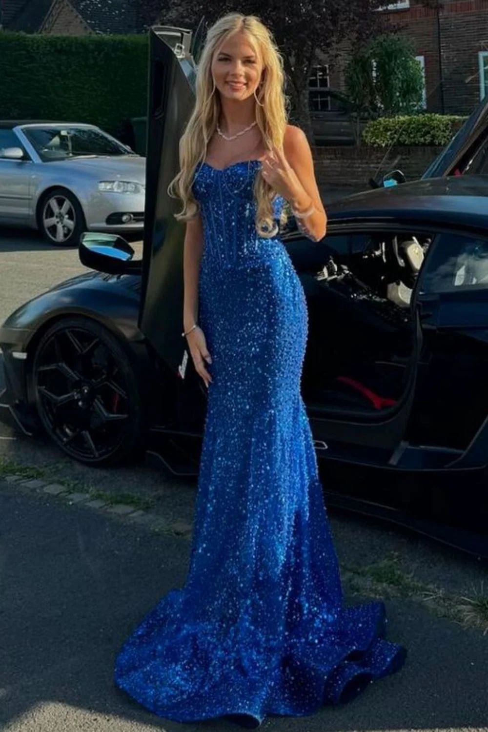 Bling Mermaid Spaghetti Straps Light Blue Sequins Long Prom Dress - Image 5