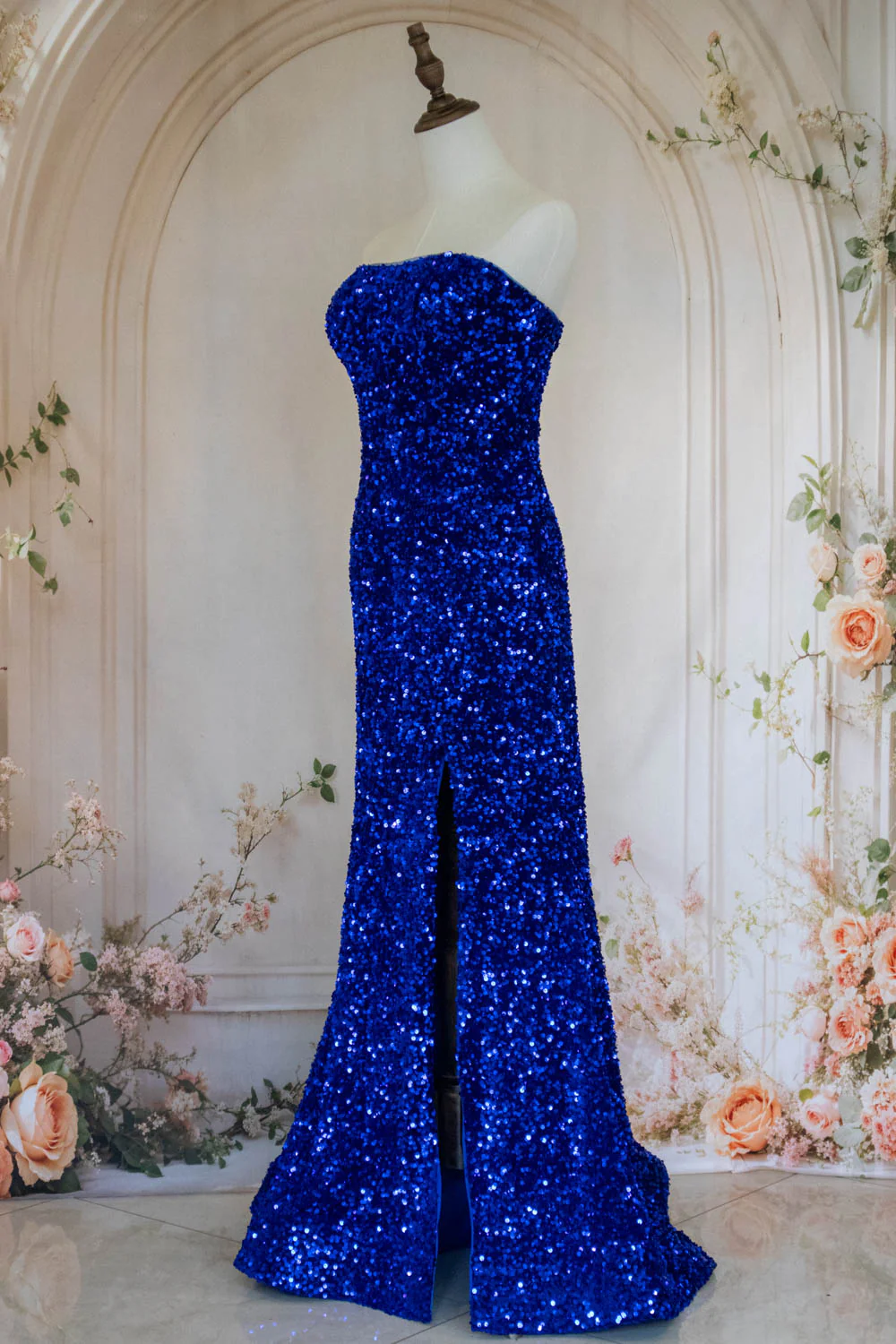 Bling Mermaid Strapless Royal Blue Sequins Long Prom Dress with Split Front - Image 3