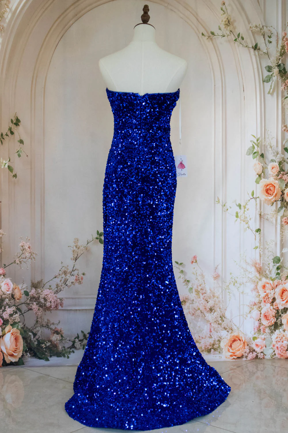 Bling Mermaid Strapless Royal Blue Sequins Long Prom Dress with Split Front - Image 4