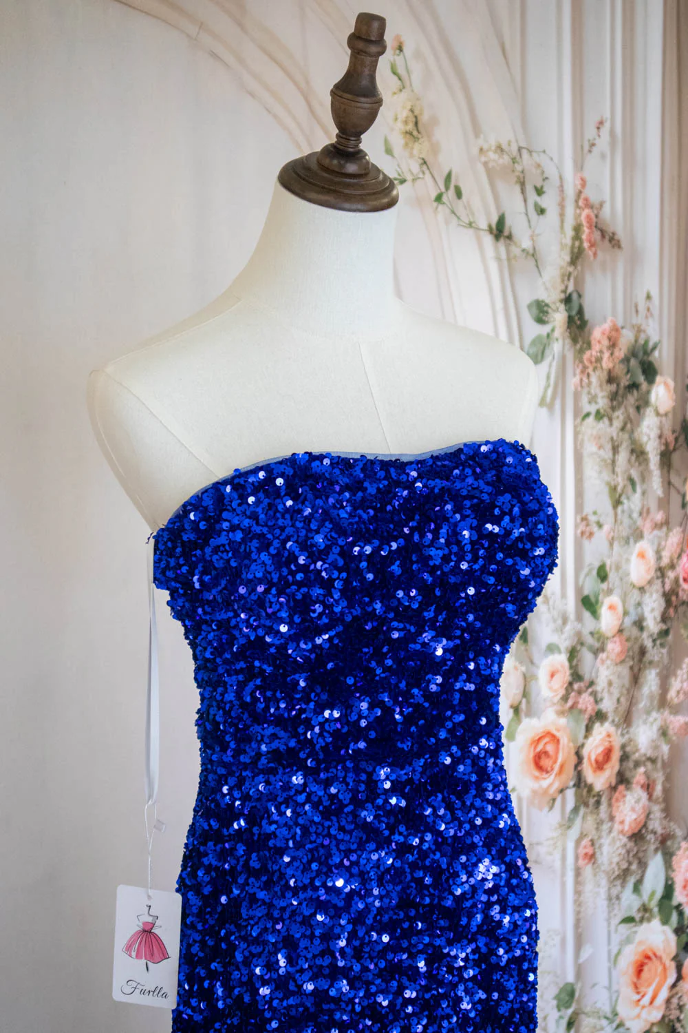 Bling Mermaid Strapless Royal Blue Sequins Long Prom Dress with Split Front - Image 6