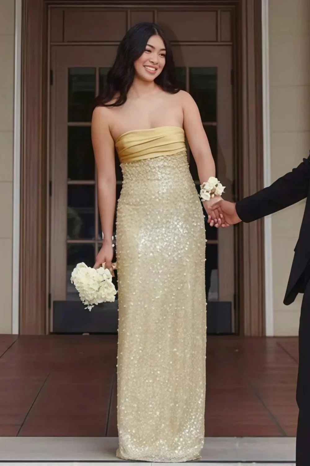 Bling Sheath Strapless Lilac Long Prom Dress with Pearls Slit - Image 12