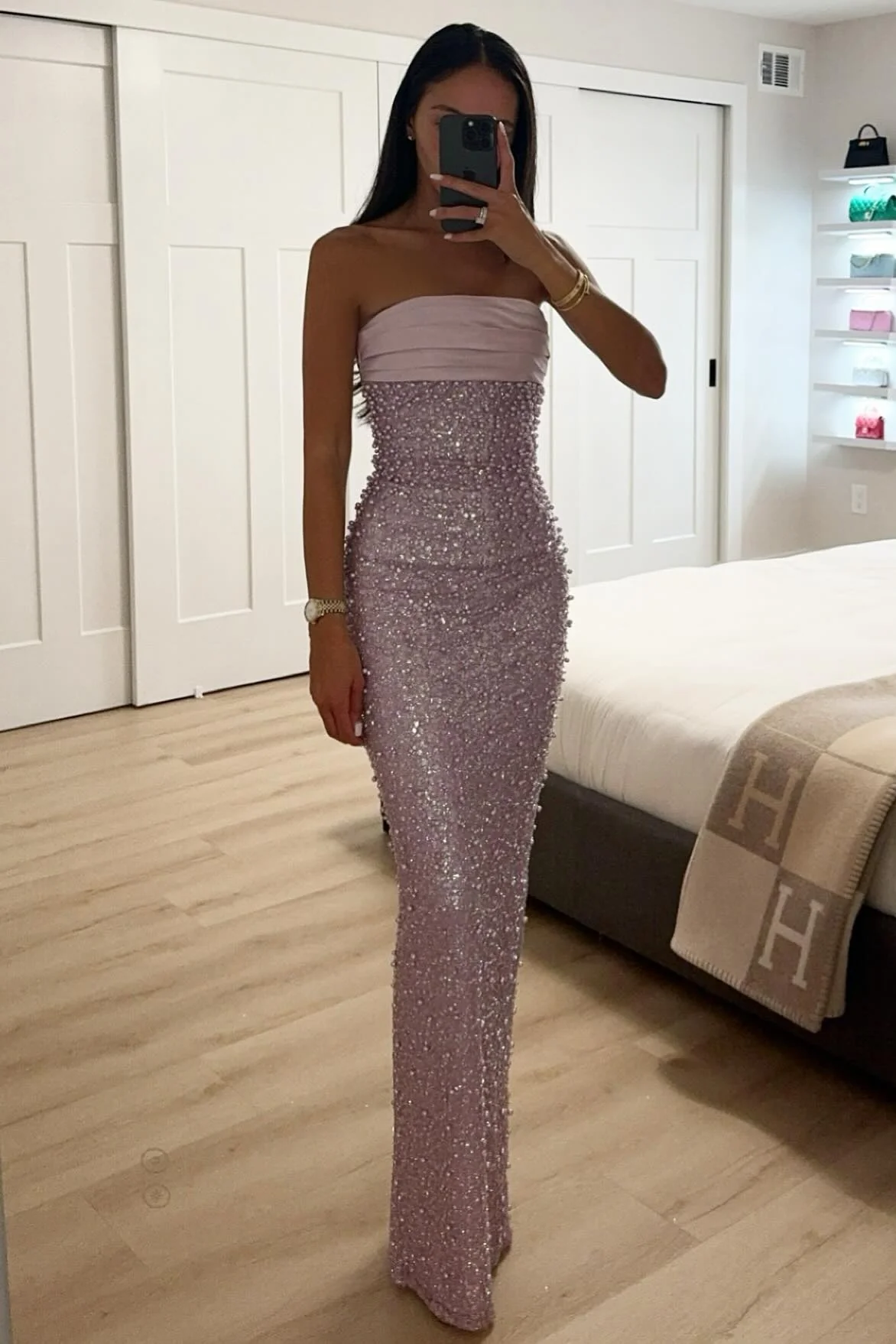 Bling Sheath Strapless Lilac Long Prom Dress with Pearls Slit - Image 5