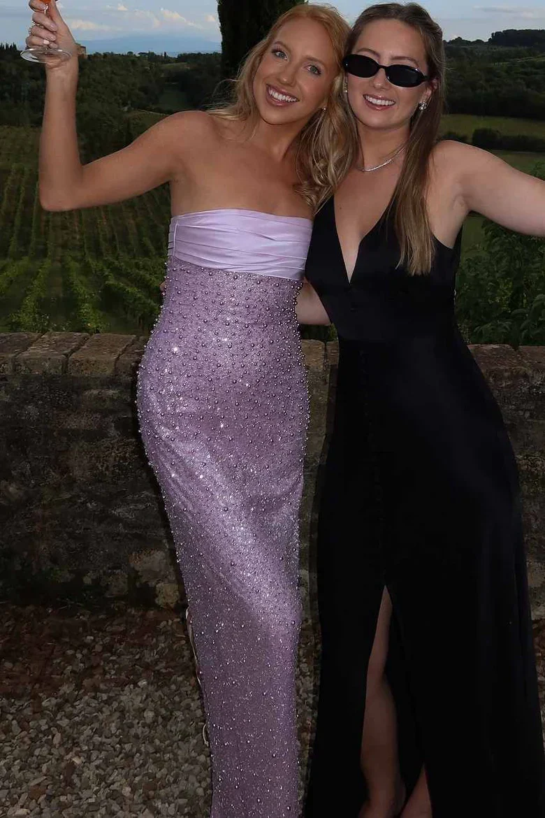 Bling Sheath Strapless Lilac Long Prom Dress with Pearls Slit - Image 7