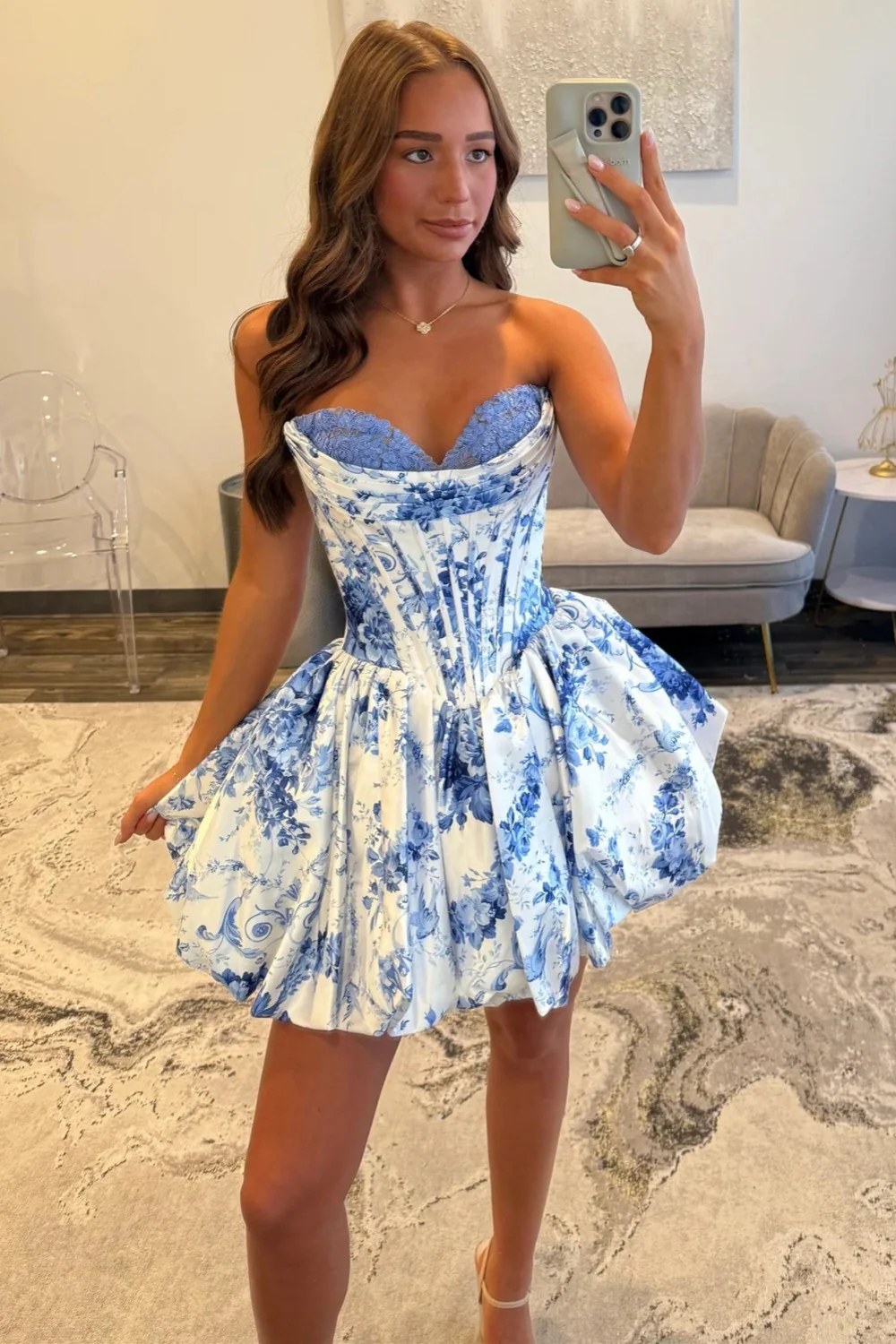 Stunning Blue A-Line Sweetheart Short Print Satin Homecoming Dress - Image 3