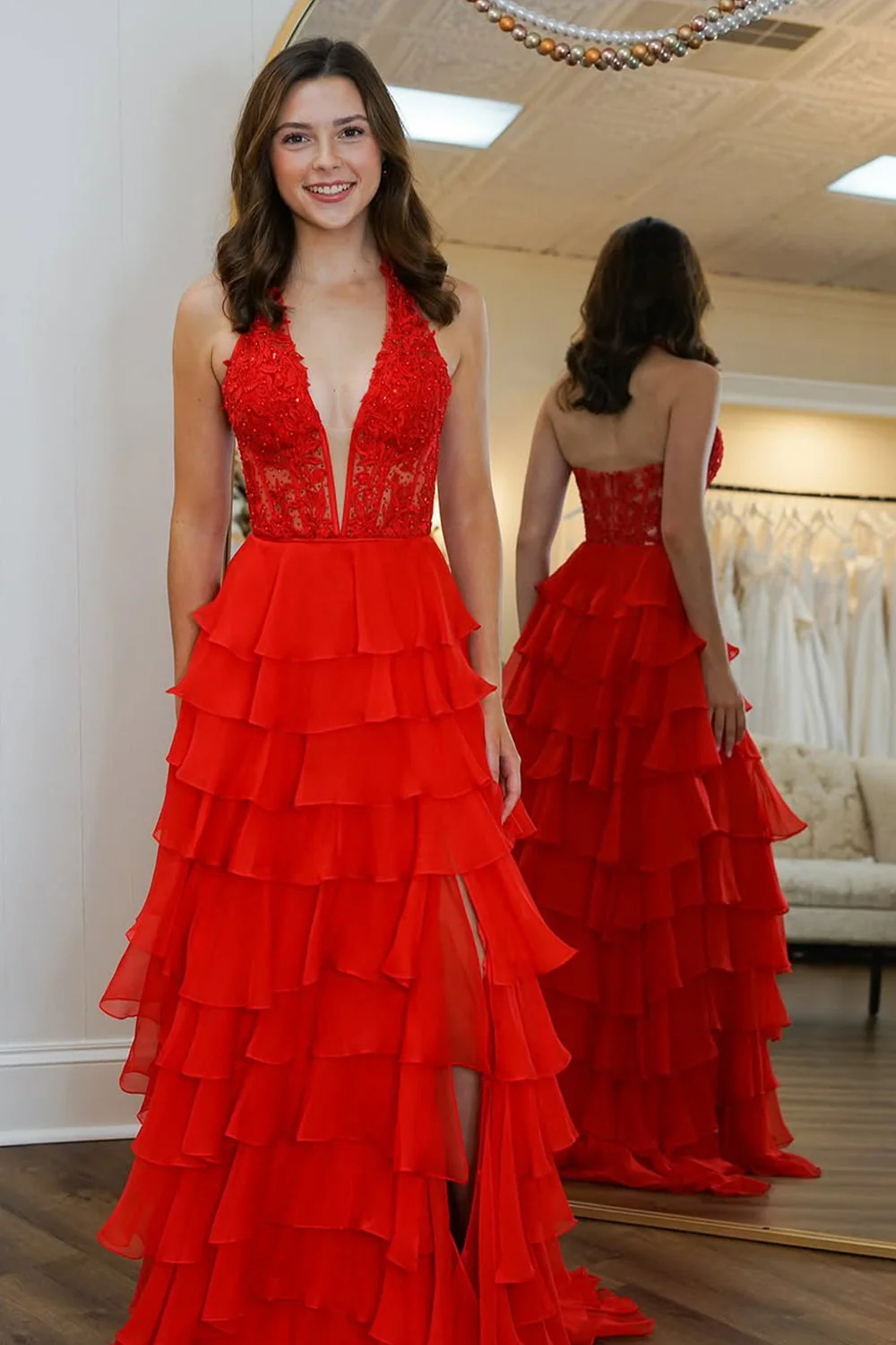 Blue Chiffon Prom Dress with A Line Shape Lace Top Halter Neck and Slit Accent - Image 3