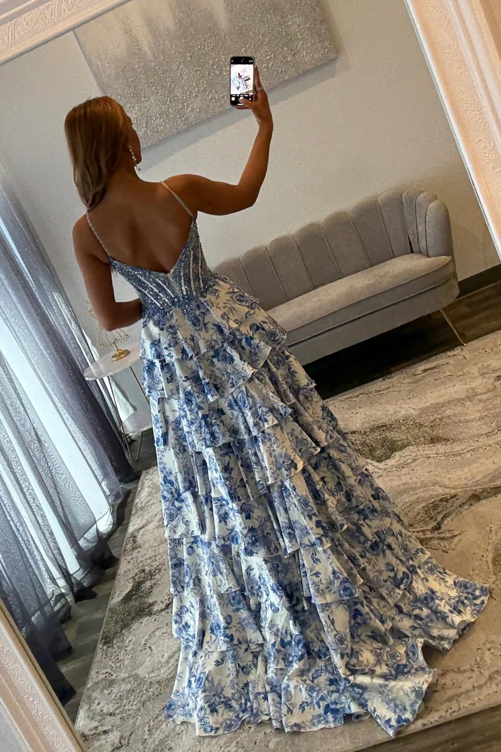 Blue Floral Spaghetti Straps Ruffle High-Slit Prom Dress with Lace Bodice - Image 2