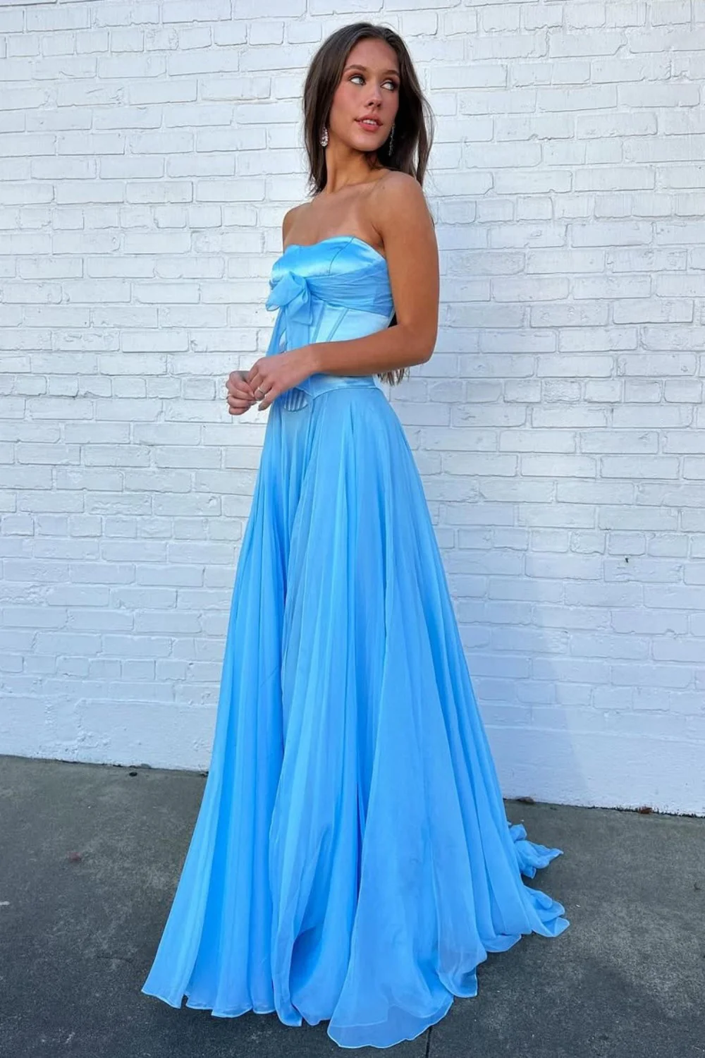 Blue Flowing Chiffon Strapless Corset Prom Dress with Bow Bodice - Image 3