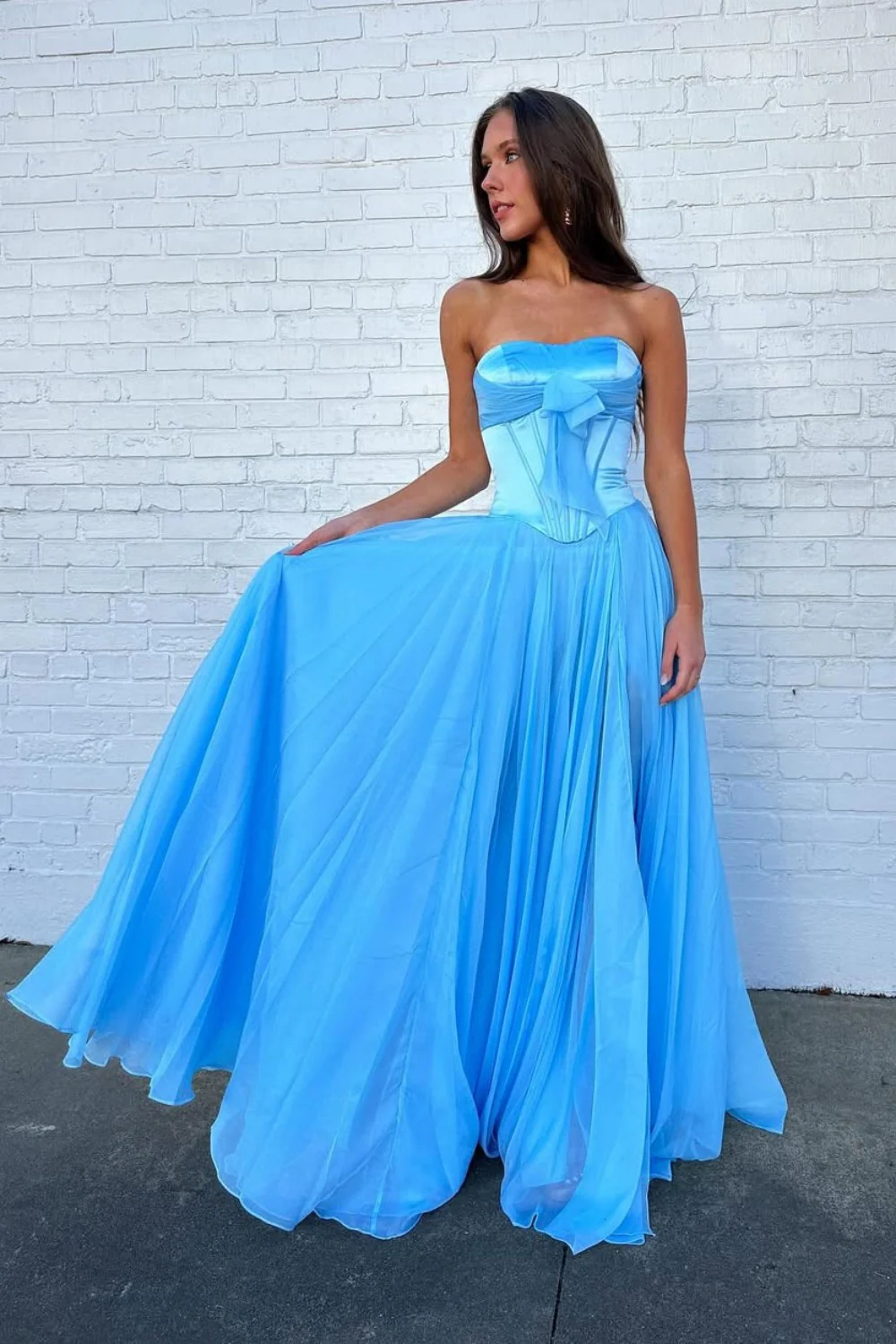 Blue Flowing Chiffon Strapless Corset Prom Dress with Bow Bodice - Image 4