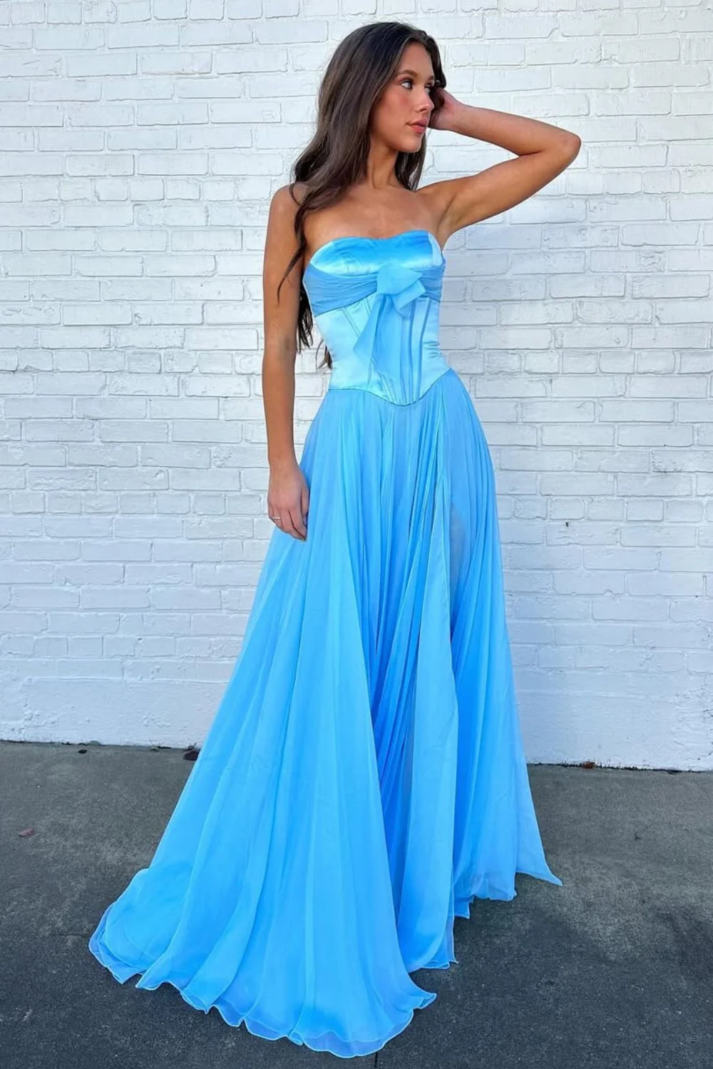 Blue Flowing Chiffon Strapless Corset Prom Dress with Bow Bodice - Image 5