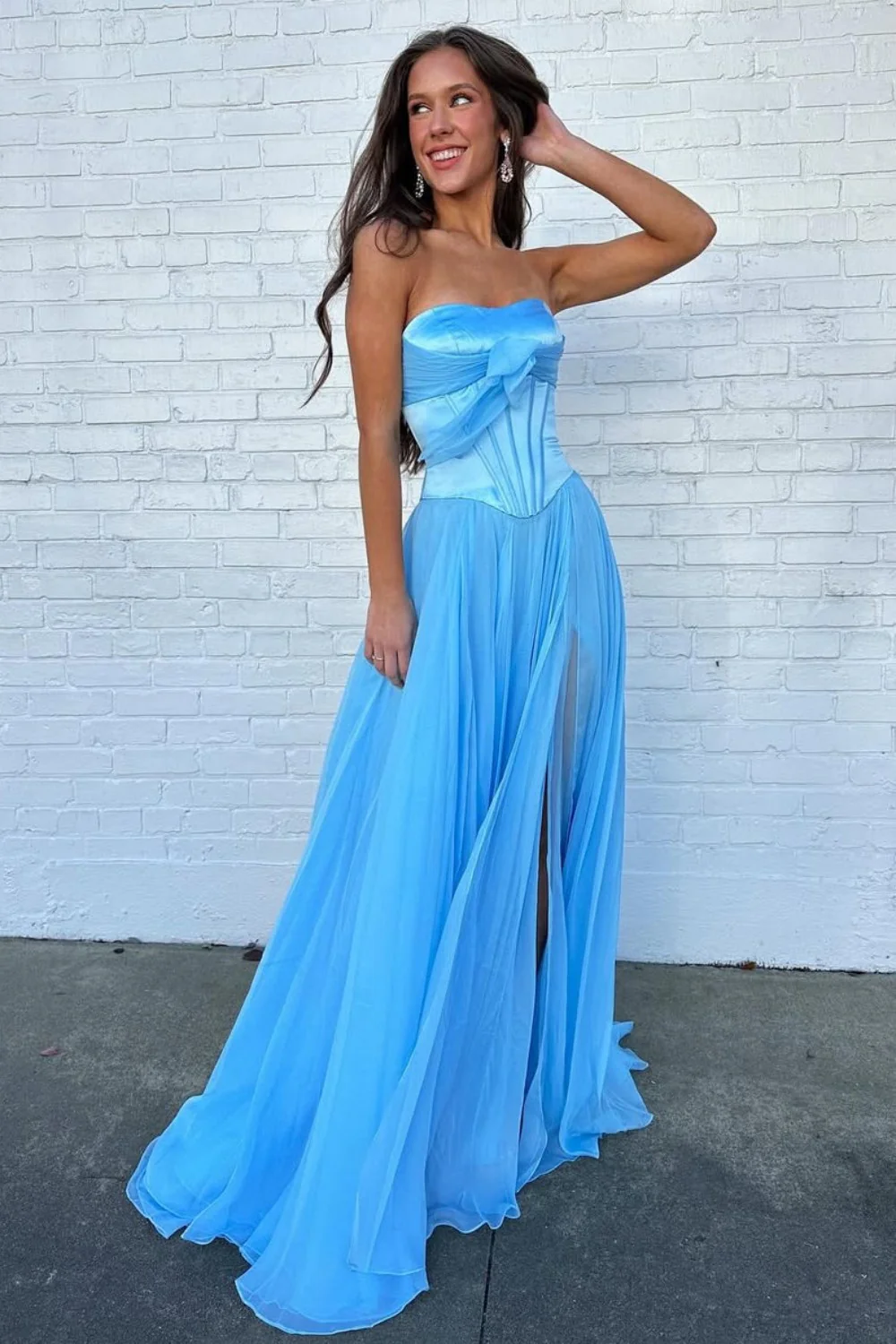 Blue Flowing Chiffon Strapless Corset Prom Dress with Bow Bodice - Image 6