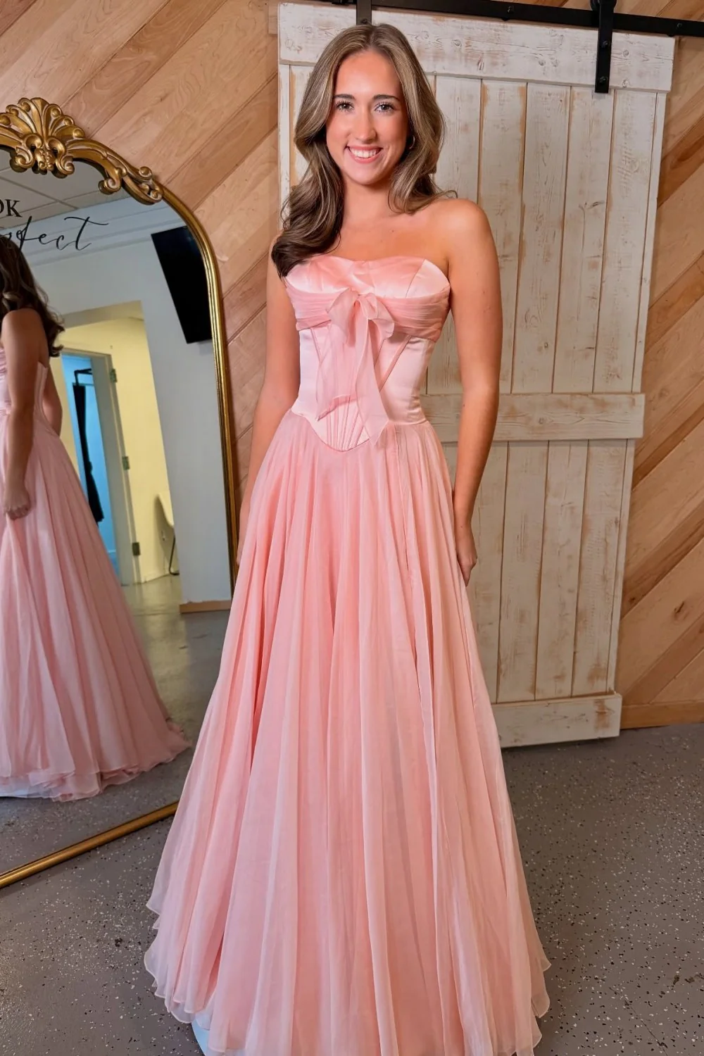 Blue Flowing Chiffon Strapless Corset Prom Dress with Bow Bodice - Image 7