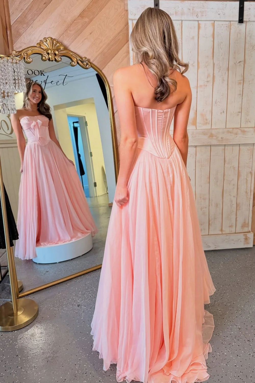 Blue Flowing Chiffon Strapless Corset Prom Dress with Bow Bodice - Image 8