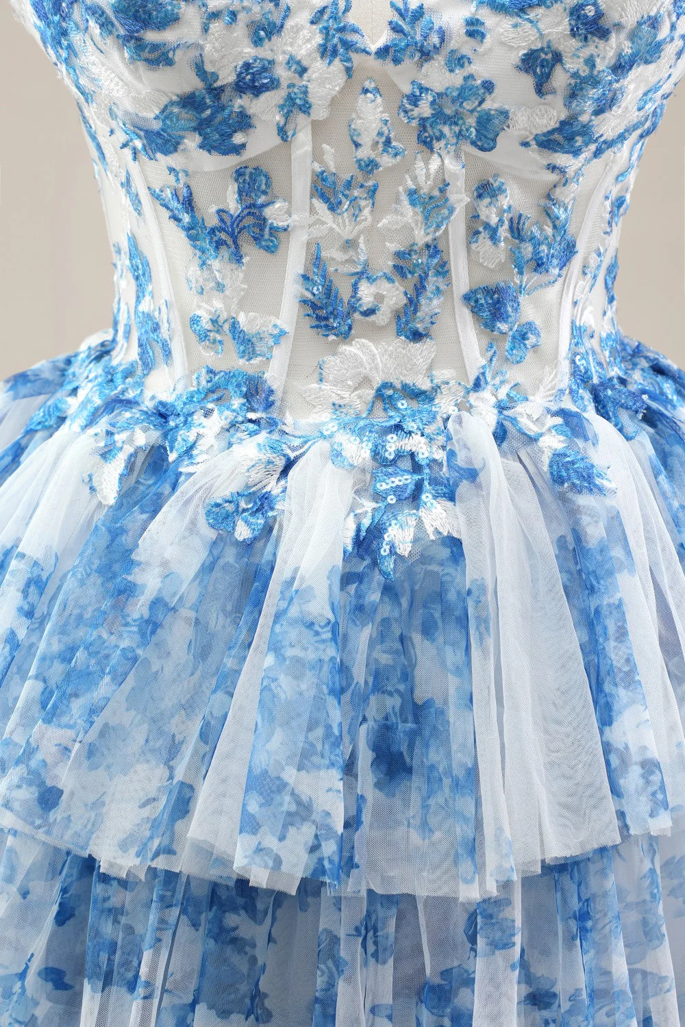 Blue Spaghetti Straps Lace-Up Prom Dress with Floral Tiered Tulle Skirt - Image 10