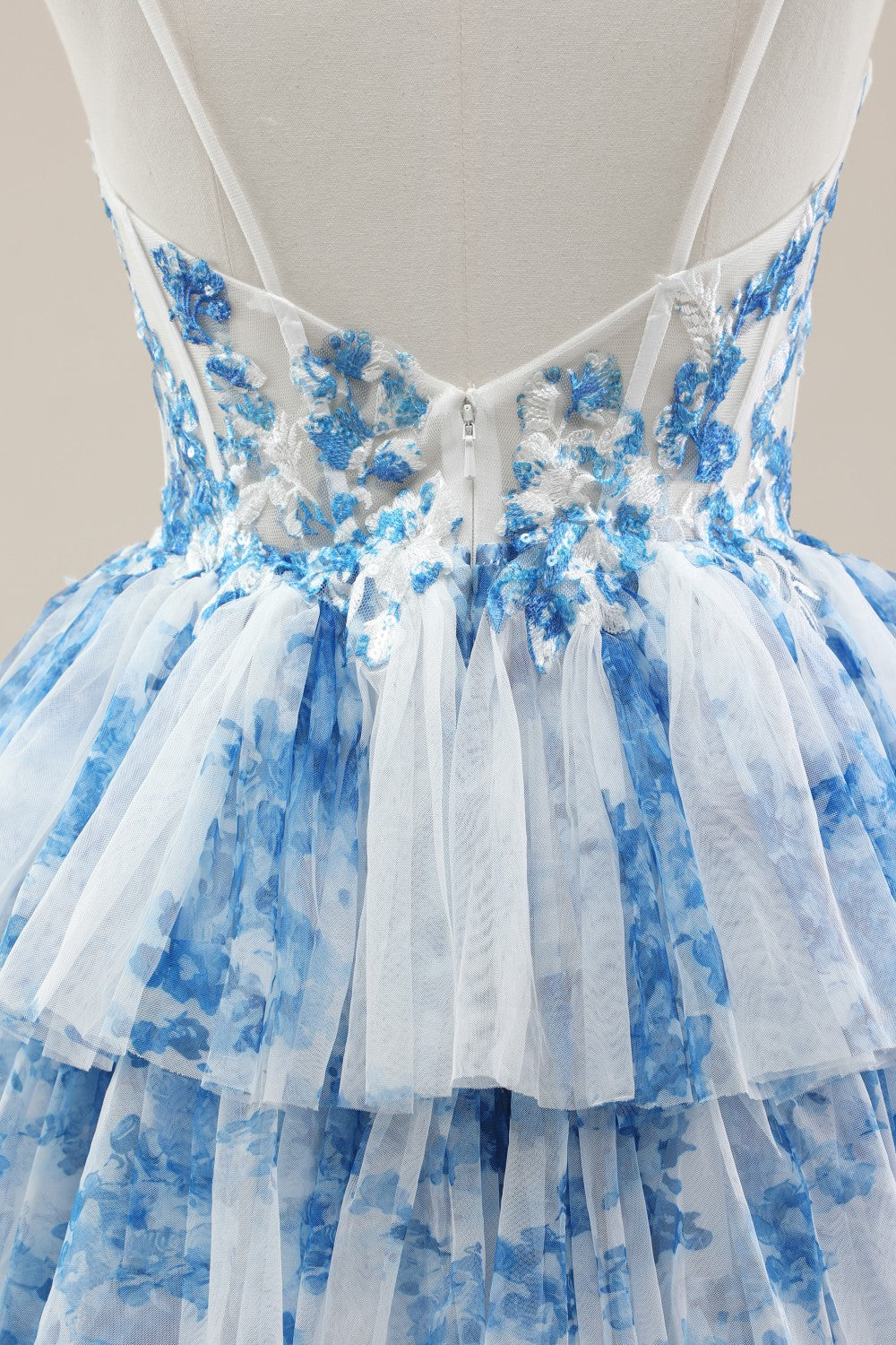 Blue Spaghetti Straps Lace-Up Prom Dress with Floral Tiered Tulle Skirt - Image 11