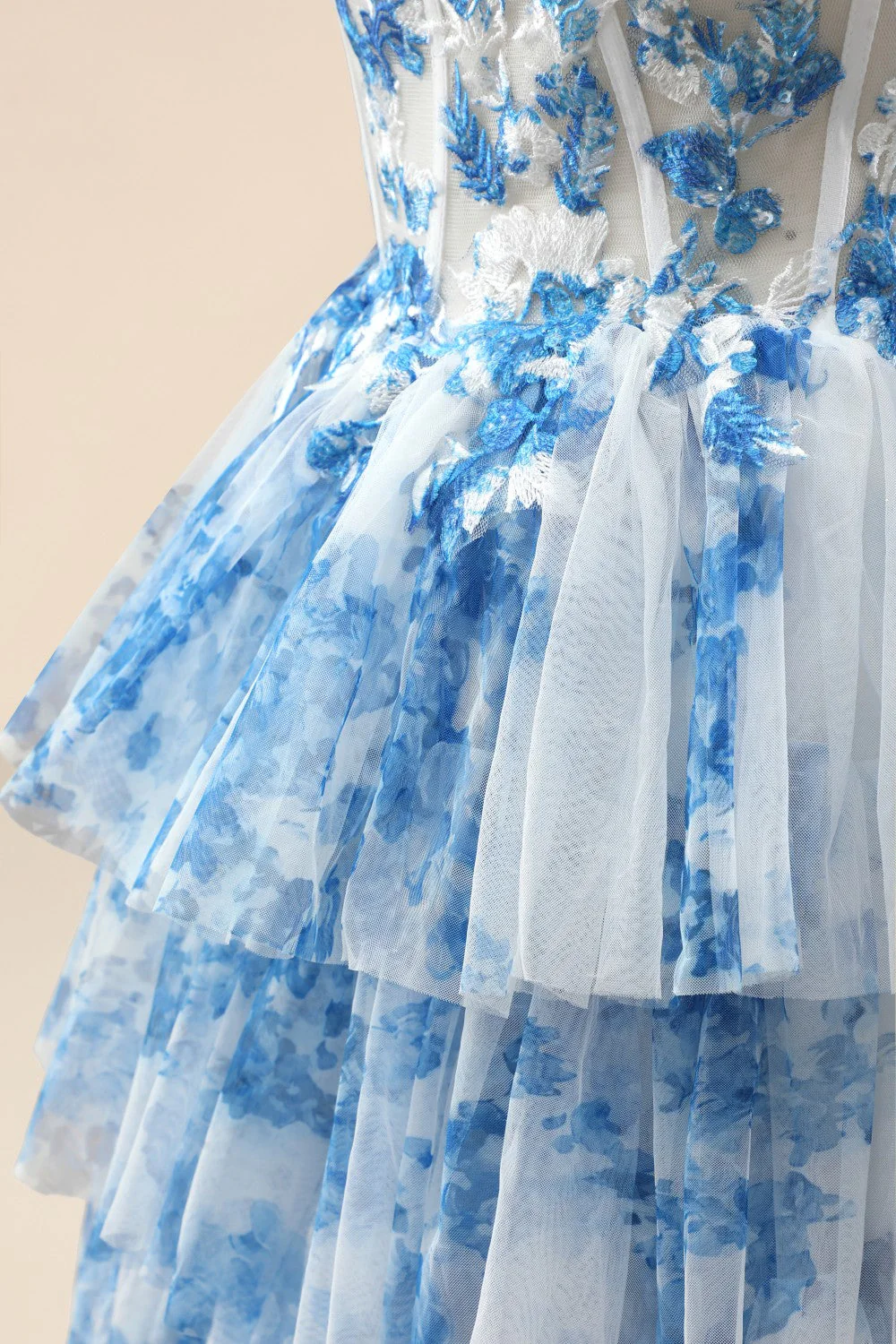 Blue Spaghetti Straps Lace-Up Prom Dress with Floral Tiered Tulle Skirt - Image 12