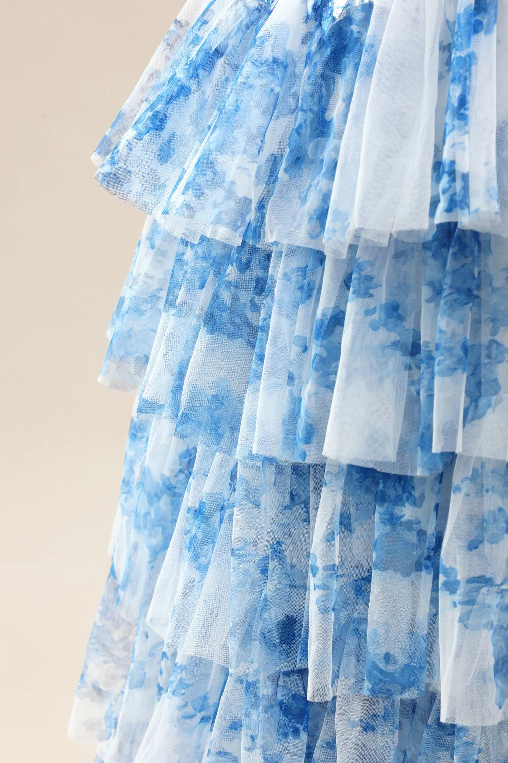 Blue Spaghetti Straps Lace-Up Prom Dress with Floral Tiered Tulle Skirt - Image 13