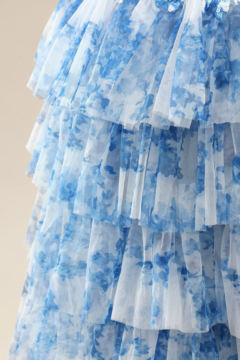 Blue Spaghetti Straps Lace-Up Prom Dress with Floral Tiered Tulle Skirt - Image 14
