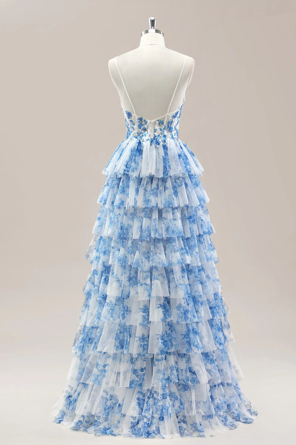 Blue Spaghetti Straps Lace-Up Prom Dress with Floral Tiered Tulle Skirt - Image 2